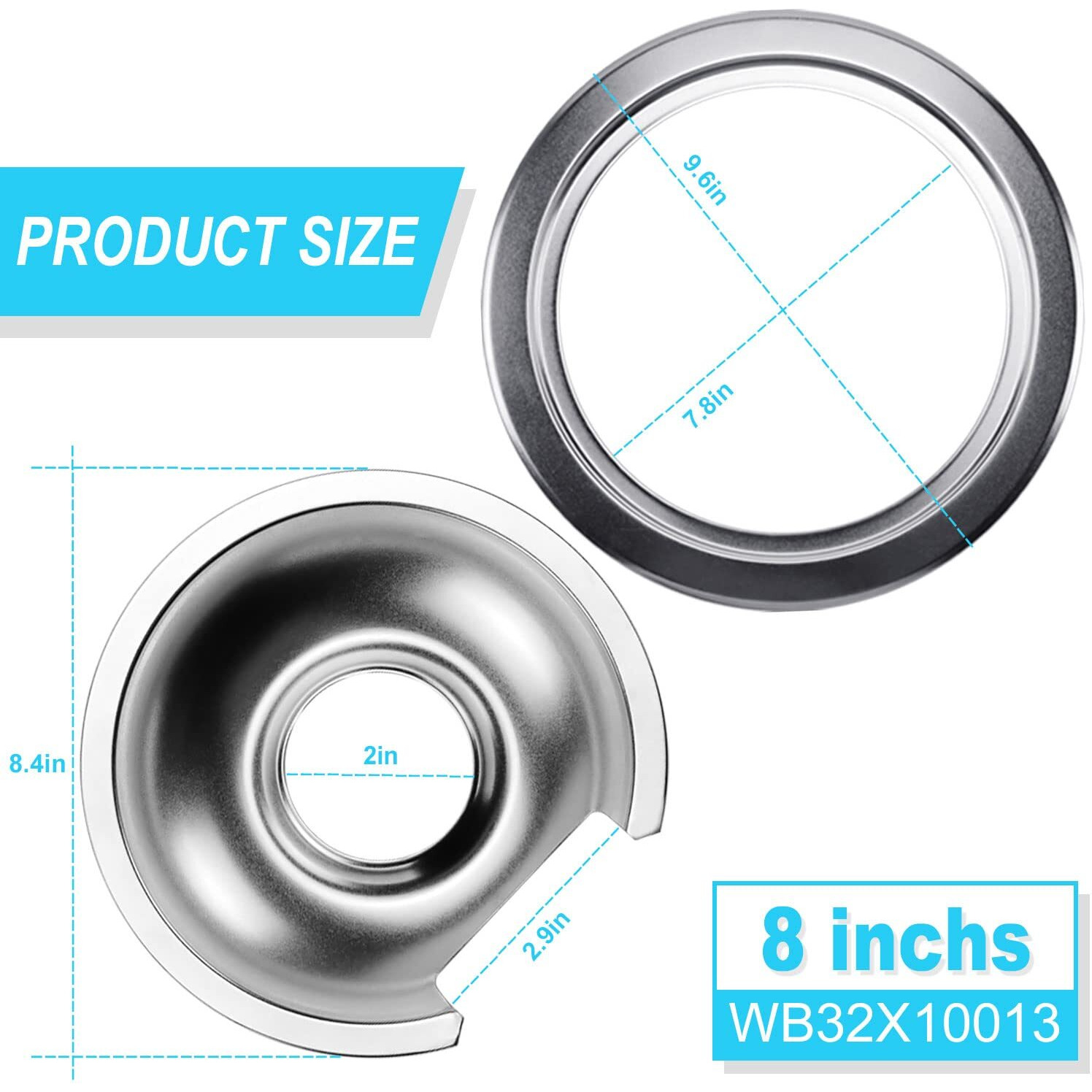 Electric Stove Burner Drip Bowl 6 Inch Wb32X10012 (3 Pack Small) & 8 Inch Wb32X10013 (1 Pack Large) Chrome Drip Pans With 4Pcs Trim Rings Set For G-E Surface Burner Range