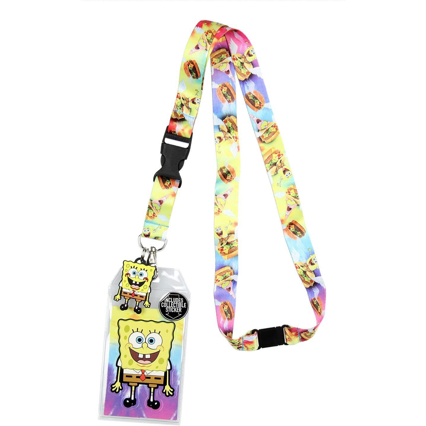 Spongebob Squarepants And Patrick Riding Krabby Patties Breakaway Id Lanyard With Detachable Badge Holder Rubber Charm And Collectible Sticker
