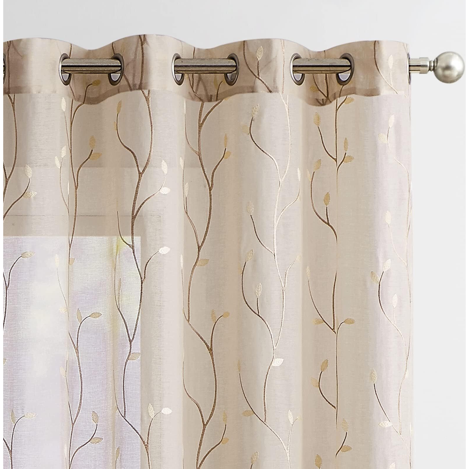 Jinchan Beige Sheer Curtains For Bedroom 84 Inch Long Floral Embroidered Sheers For Living Room Embroidery Voile Grommet Window Curtain 2 Panels