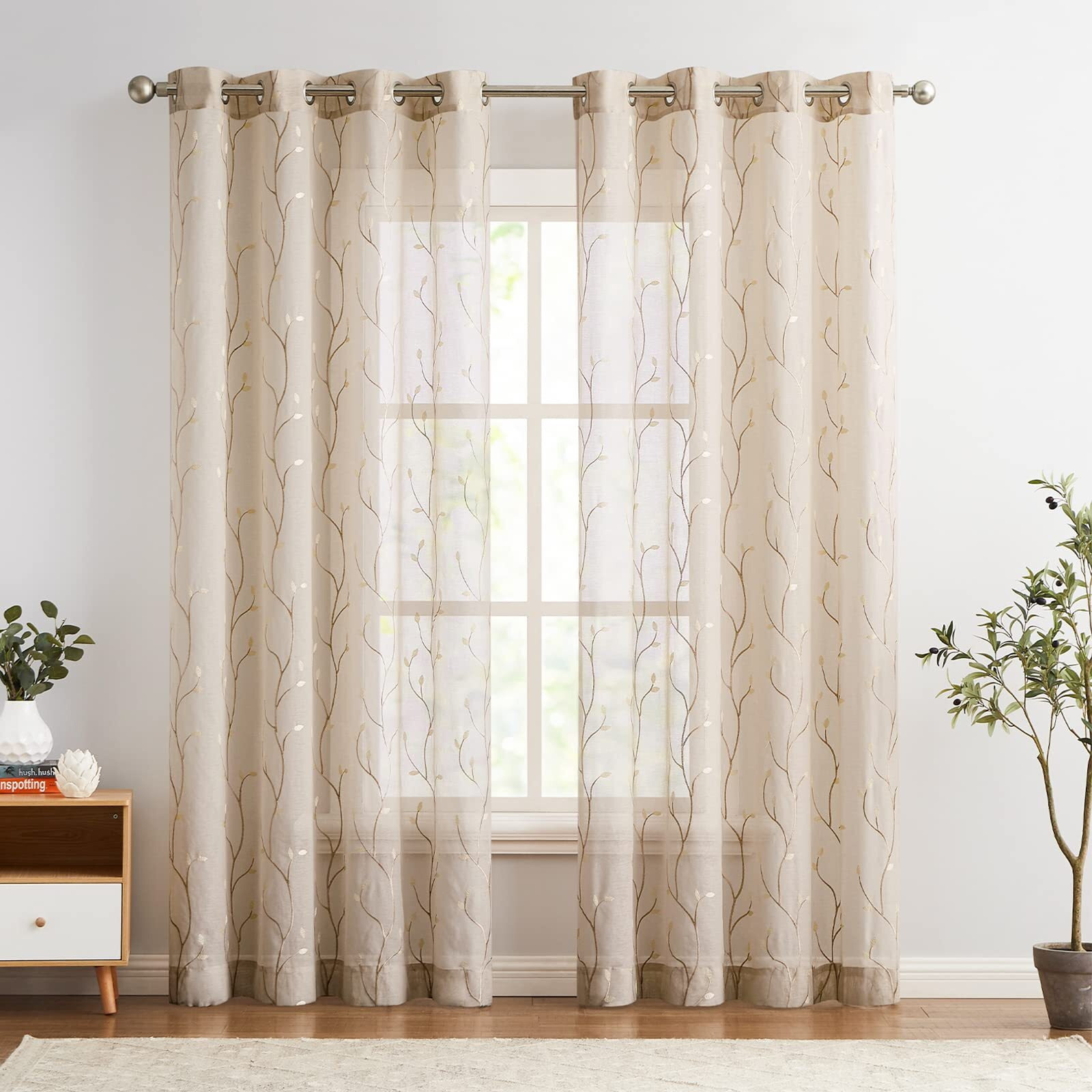 Jinchan Beige Sheer Curtains For Bedroom 84 Inch Long Floral Embroidered Sheers For Living Room Embroidery Voile Grommet Window Curtain 2 Panels