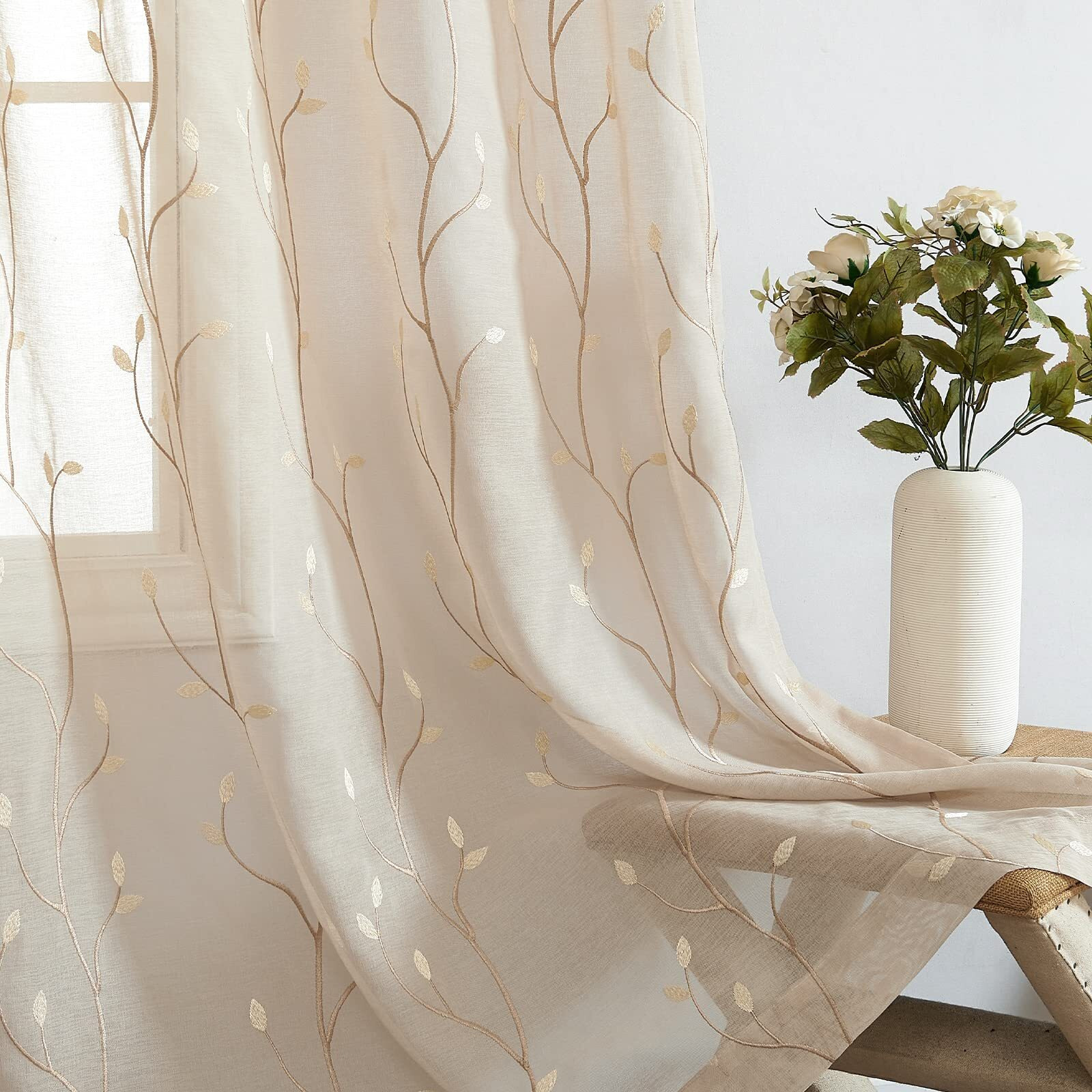 Jinchan Beige Sheer Curtains For Bedroom 84 Inch Long Floral Embroidered Sheers For Living Room Embroidery Voile Grommet Window Curtain 2 Panels