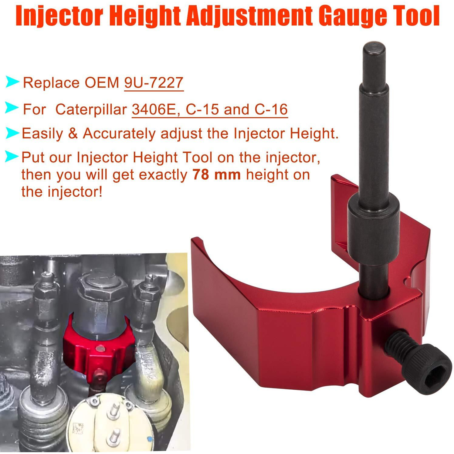 9U-7227 Injector Height Adjustment Gauge Tool & J-38587-A Engine Barring Socket Engine Turning Tool For Cat Caterpillar 3406E  C15  C16