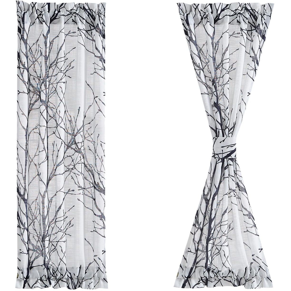 Fmfunctex Sheer Side Front Door Curtains 40&quot&quot White Black Branch Tree Half Print Curtain For Patio Doors With Matching Tiebacks 24 W 2 Panels