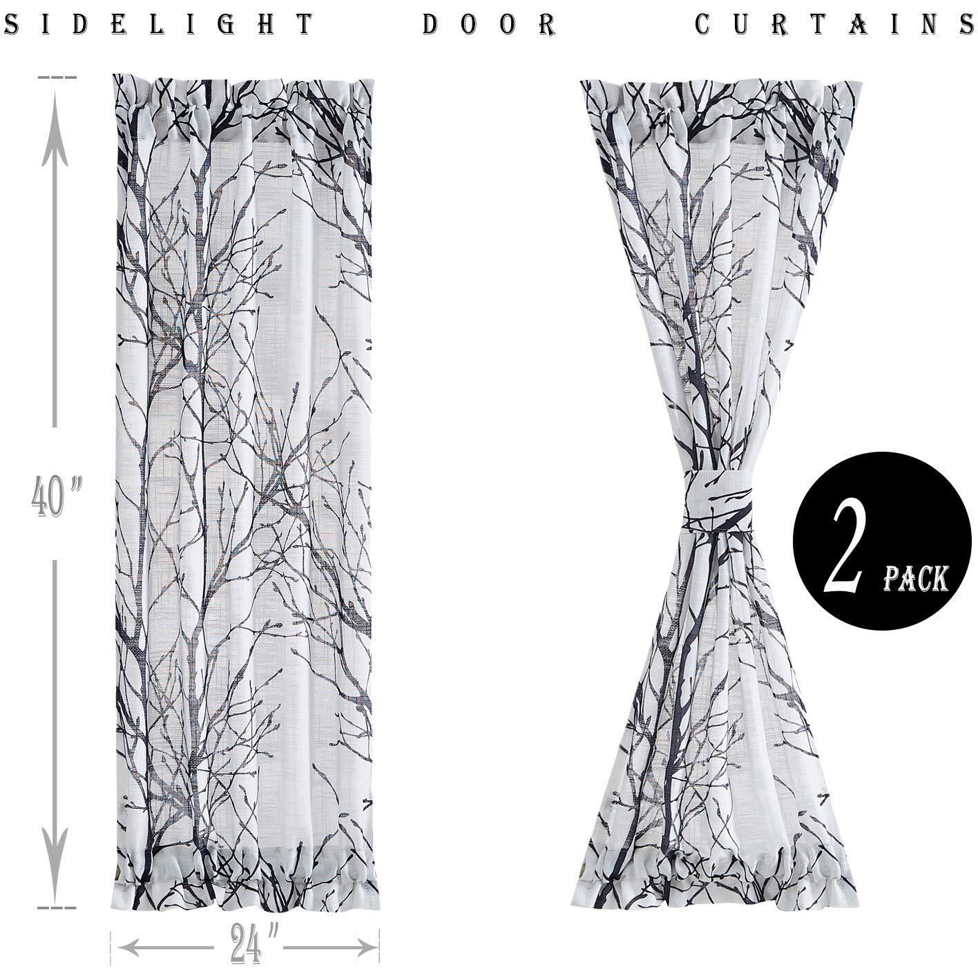Fmfunctex Sheer Side Front Door Curtains 40&quot&quot White Black Branch Tree Half Print Curtain For Patio Doors With Matching Tiebacks 24 W 2 Panels