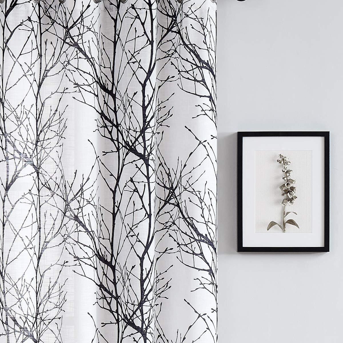 Fmfunctex Sheer Side Front Door Curtains 40&quot&quot White Black Branch Tree Half Print Curtain For Patio Doors With Matching Tiebacks 24 W 2 Panels