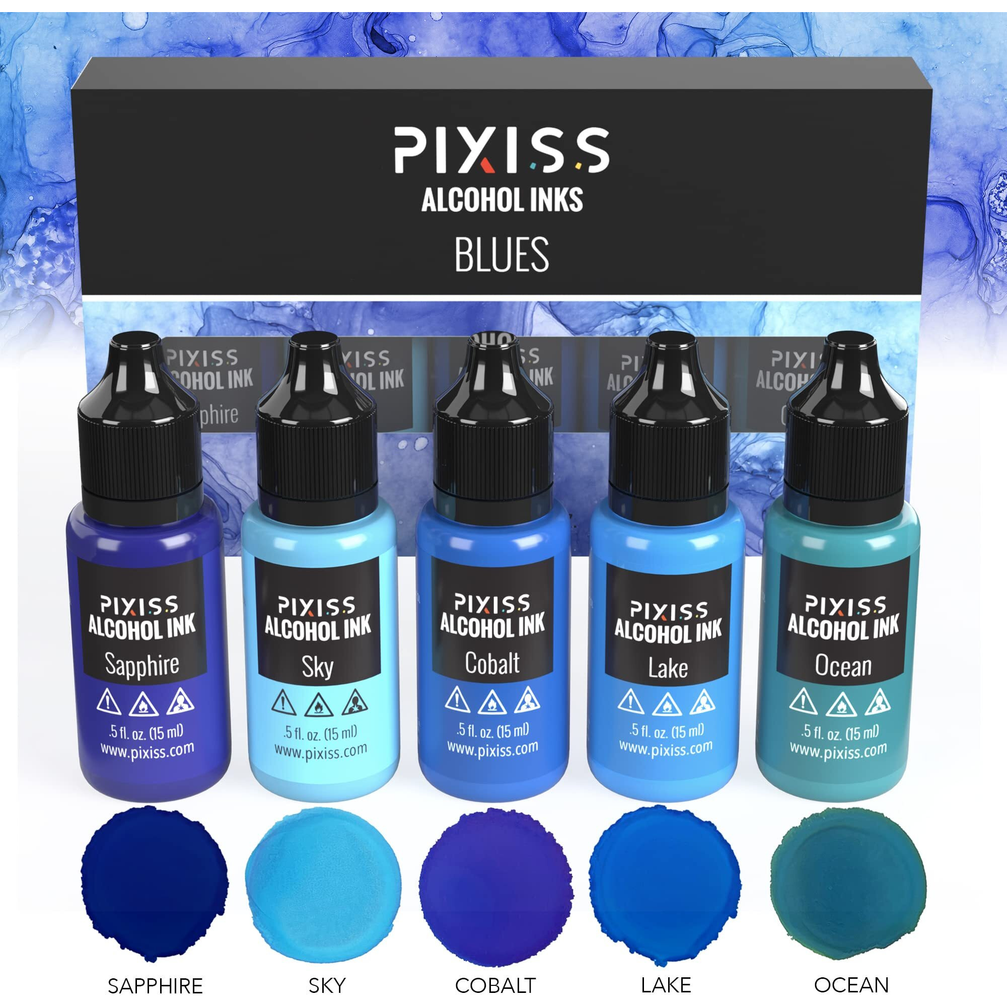 Pixiss Blue Alcohol Ink Set - 5 Shades Of Highly Saturated Alcohol Ink For Epoxy Resin Supplies  Yupo Paper  Tumblers  Coasters - Resin Colorant For Epoxy Resin And Resin Art Supplies