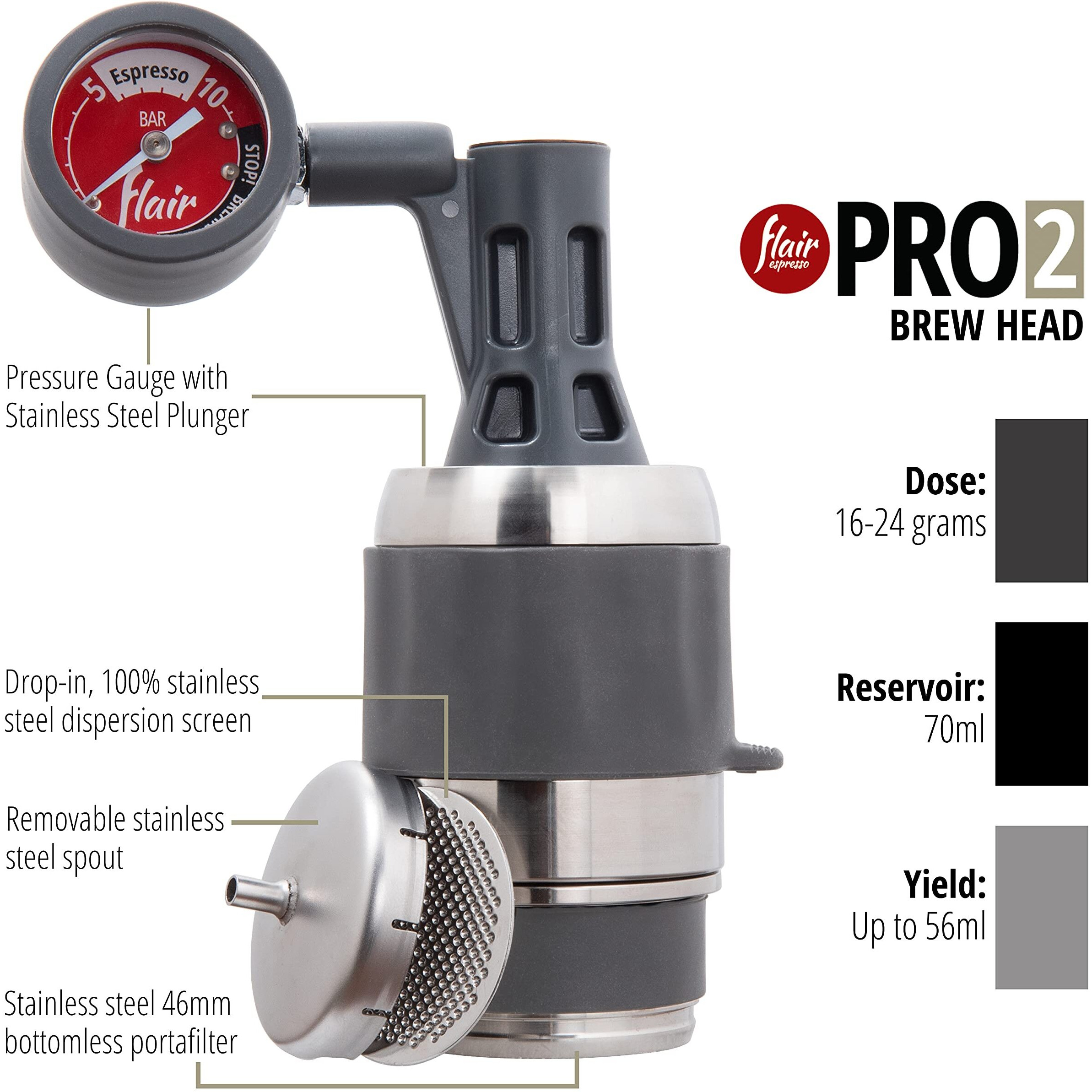 Flair Espresso Maker Pro 2 (Black) - An All Manual Lever Espresso Maker With Stainless Steel Brew Head And Pressure Gauge