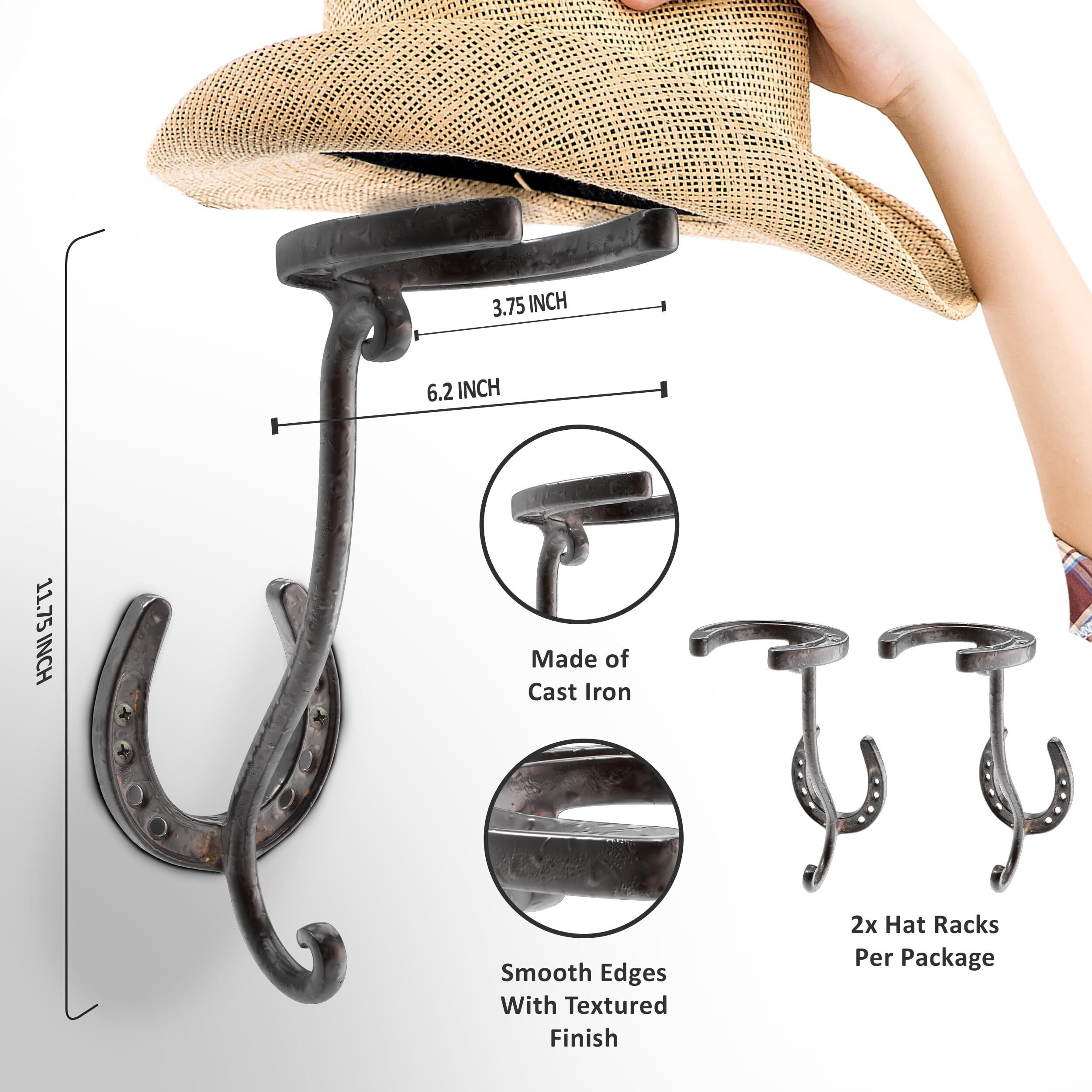 A.J. Boone Cowboy Hat Rack - Set Of 2 Decorative Wall-Mounted Holder - Heavy-Duty Iron Hanger And Organizer Diy Kit For Hats  Coats And Keys - Rustic Western Horseshoe Hooks For Storage And Display
