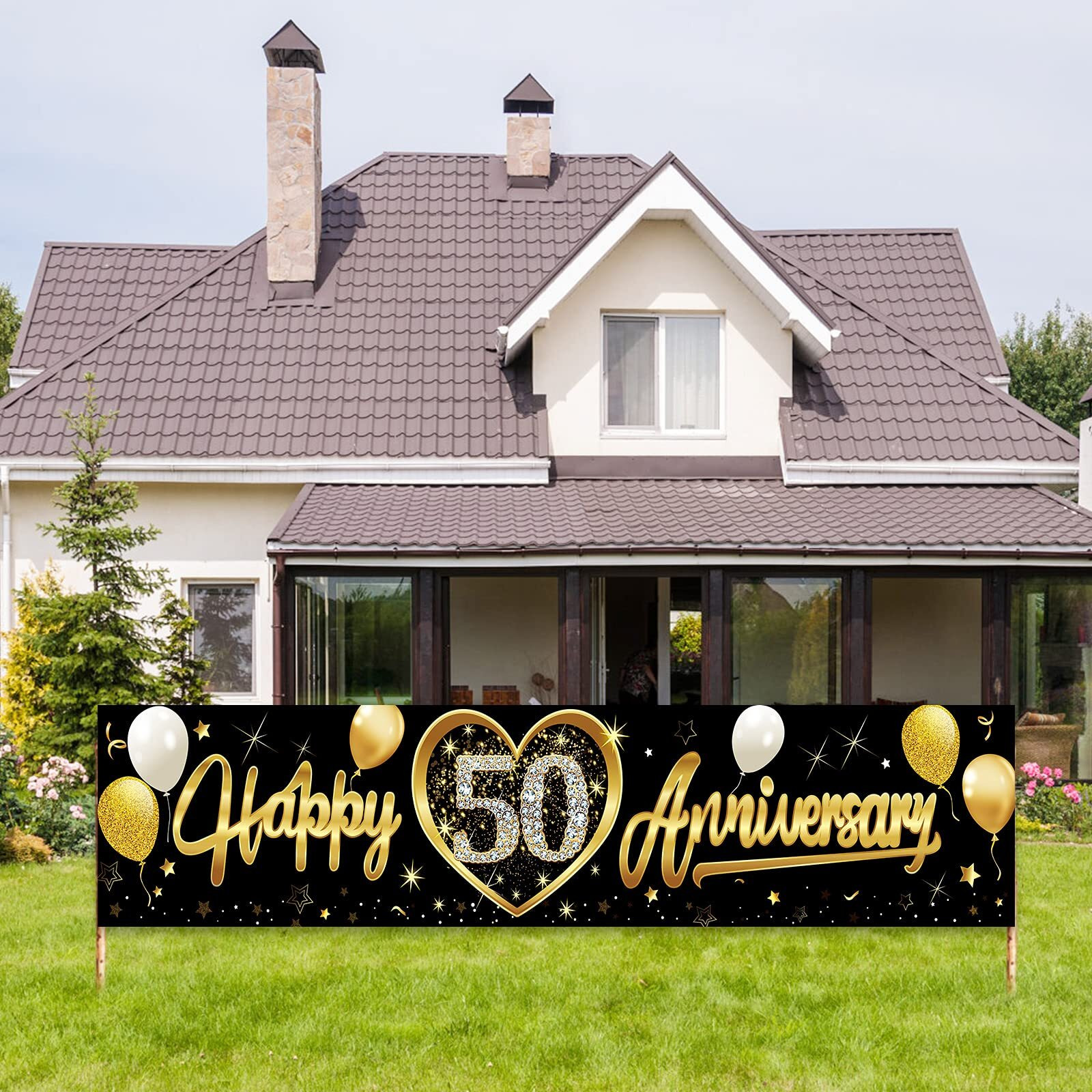 Happy 50Th Wedding Anniversary Banner Decorations  Black Gold 50Th Anniversary Sign Party Supplies  50Th Wedding Anniversary Banner Photo Booth For Outdoor Indoor
