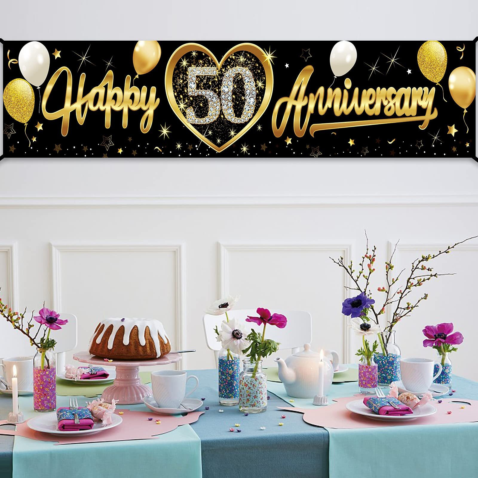 Happy 50Th Wedding Anniversary Banner Decorations  Black Gold 50Th Anniversary Sign Party Supplies  50Th Wedding Anniversary Banner Photo Booth For Outdoor Indoor