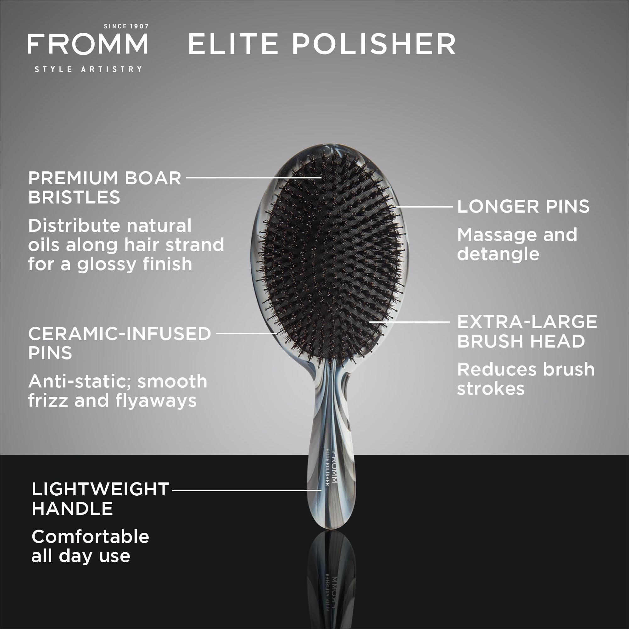 Fromm Professional Elite Polisher Ceramic X Ionic Luxurious Shine Boar Bristle Brush | Gentle Hair Detangler & Massage Brush Smooths Frizz & Flyaways For Medium To Thick Curly Hair