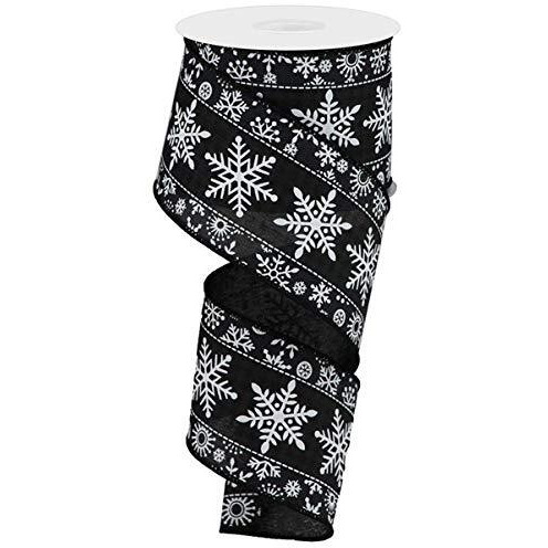 Snowflake On Check Ribbon Wired Edge - 10 Yards (Black  White  2.5 Inch)