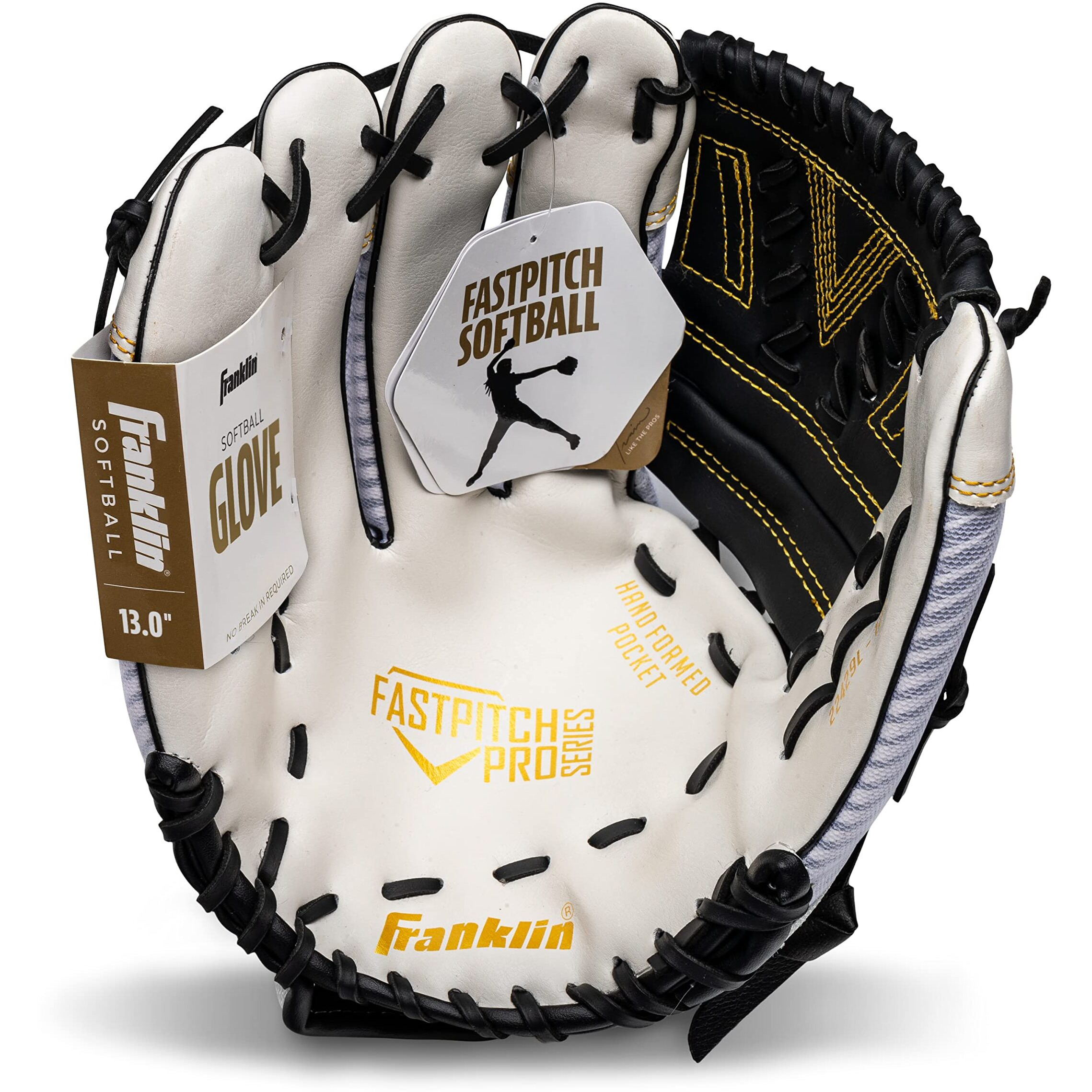 Franklin Sports Fastpitch Softball Glove - Fastpitch Pro - Adult And Youth Softball Mitt - Infield And Outfield - Left Handed Glove - White/Gold - 13"" Lefty