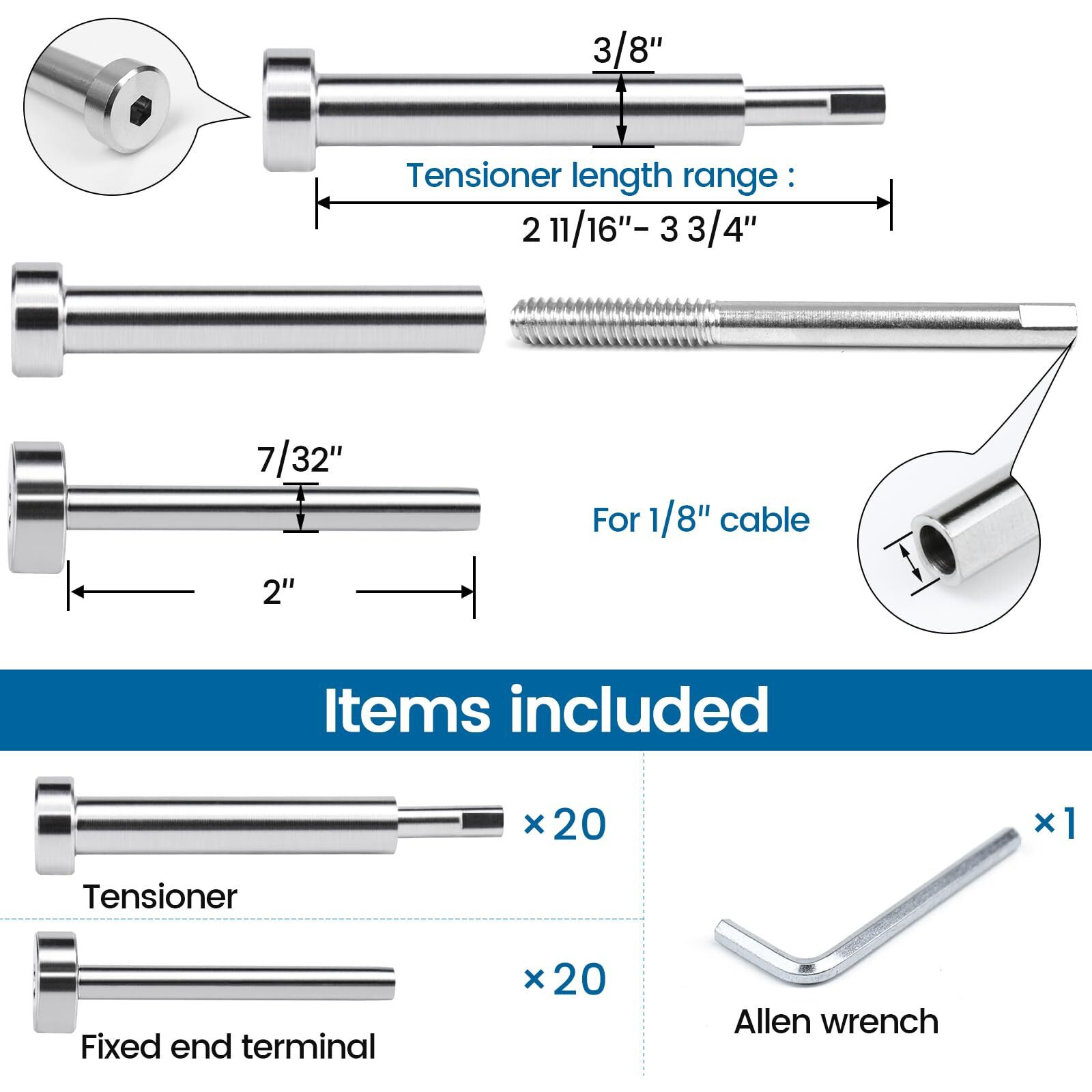 [Patent] Muzata 20Pairs Invisible Cable Railing Kit 1/8"" Swage Tensioner And Terminal Hidden T316 Stainless Steel For 2"&quotX2"" And 4"&quotX4"" Wood Metal Post Deck Stairs Cr26  Cv1 Cv2