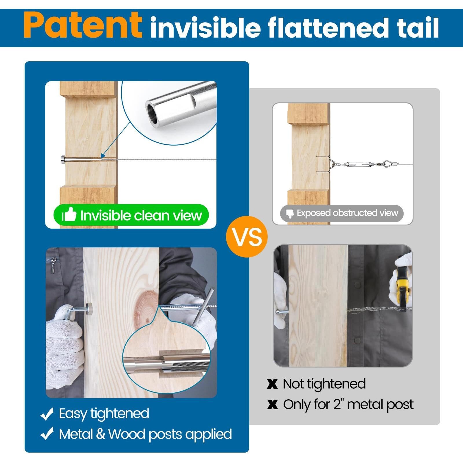 [Patent] Muzata 20Pairs Invisible Cable Railing Kit 1/8"" Swage Tensioner And Terminal Hidden T316 Stainless Steel For 2"&quotX2"" And 4"&quotX4"" Wood Metal Post Deck Stairs Cr26  Cv1 Cv2