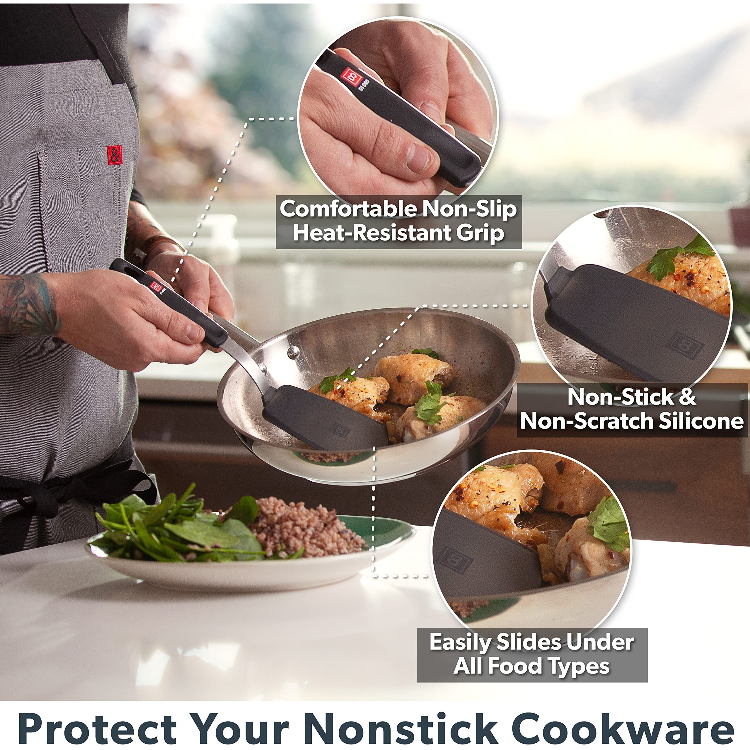 Di Oro Living Spatulas For Kitchen Use - Spatulas Silicone Heat-Resistant Up To 600F - Turner Spatula Set For Cooking - Bpa Free Wide Pancake Spatulas - Egg Flippers For Nonstick Cookware Safe (3Pc)