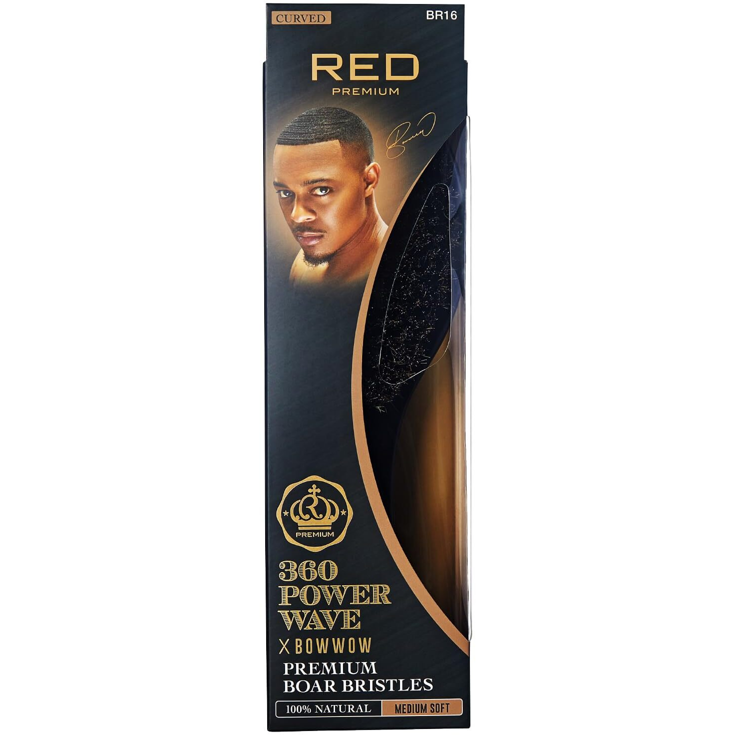 Red By Kiss 360 Power Wave X Bow Wow Curved Palm Boar Brush 100% Natural Medium Soft Bristles (Club-Long)