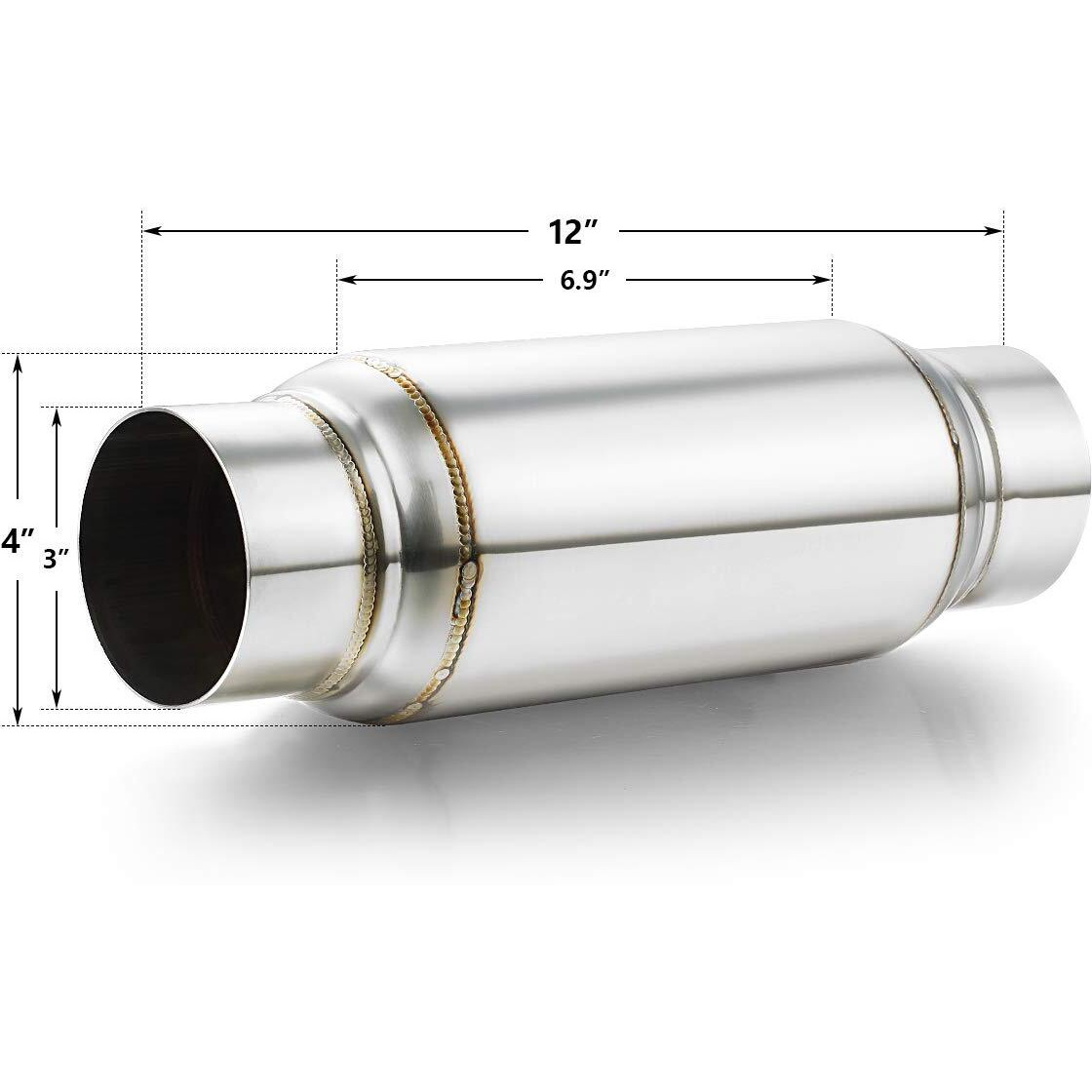 Exhaust Resonator 3"" Inlet  A-Karck 3"" Inlet 3"" Outlet 12"" Overall Length Muffler Resonator Deep Tone Clear Up Rasp