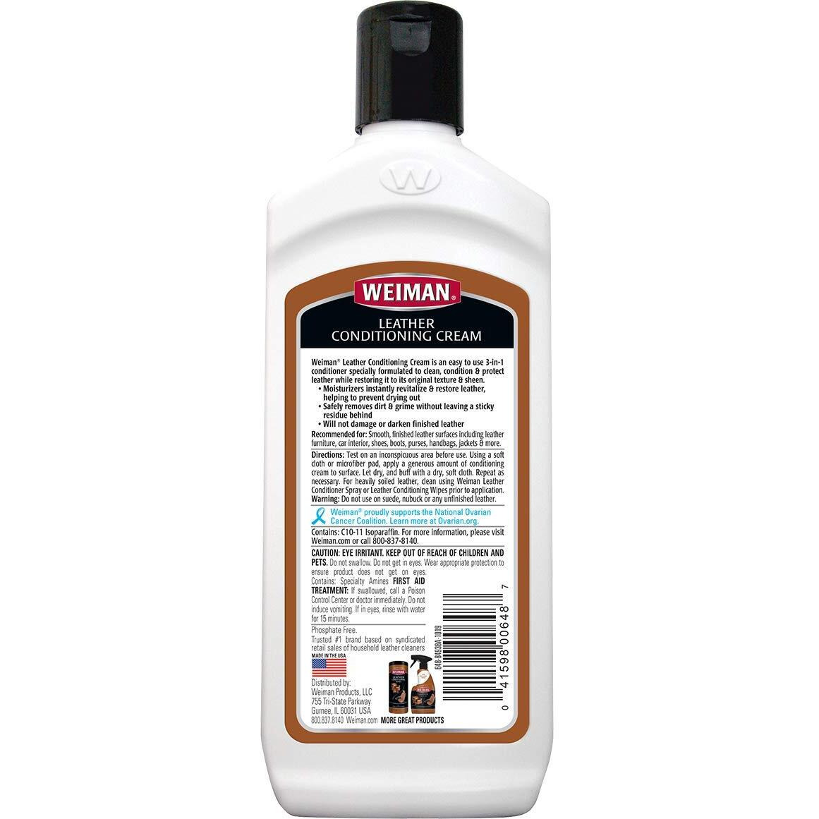 Weiman 3 In 1 Deep Leather Cleaner & Conditioner Cream - Restores Leather Surfaces - Use On Leather Furniture  Car Seats  Shoes  Bags  Jackets  Saddles