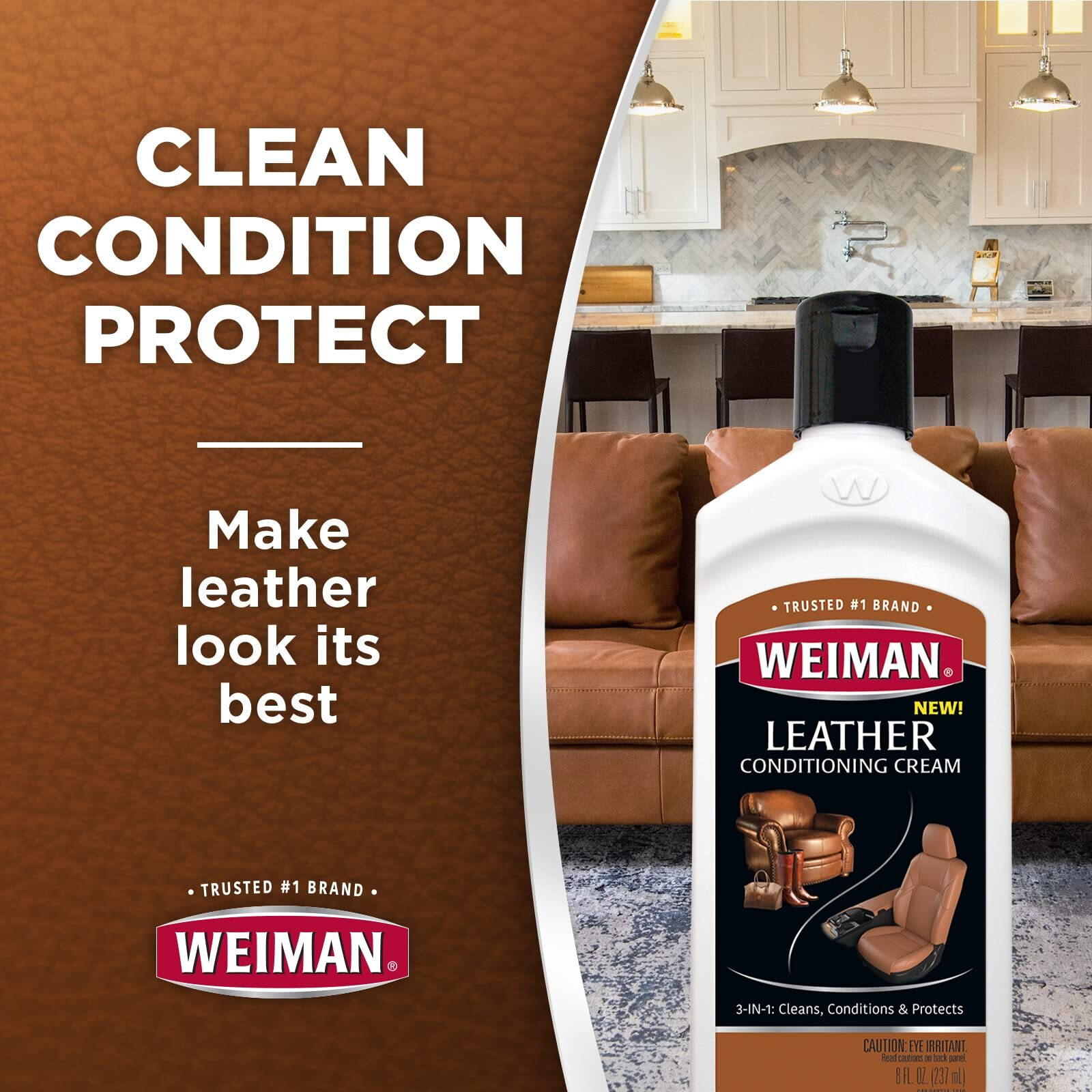 Weiman 3 In 1 Deep Leather Cleaner & Conditioner Cream - Restores Leather Surfaces - Use On Leather Furniture  Car Seats  Shoes  Bags  Jackets  Saddles