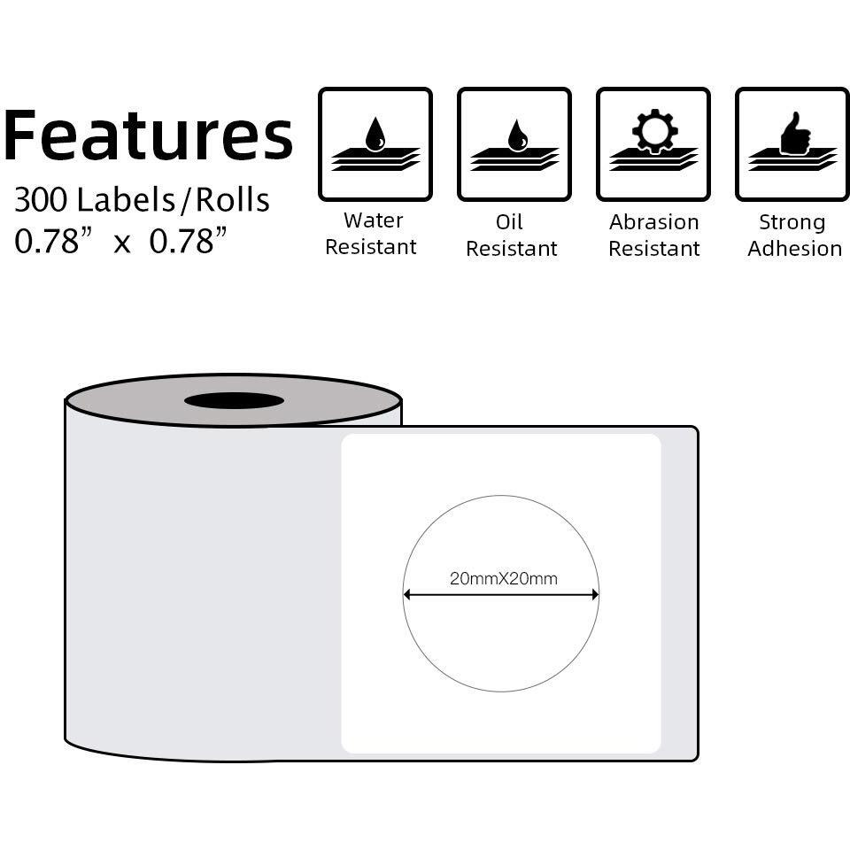 Phomemo Multi-Purpose Self-Adhesive Round Circle Label For Phomemo M110/M110S/M120/M200/M220 Label Maker  0.78"" X 0.78"" (20X20 Mm) Thermal Label For Barcode Label  Diy Logo Design  Black On White