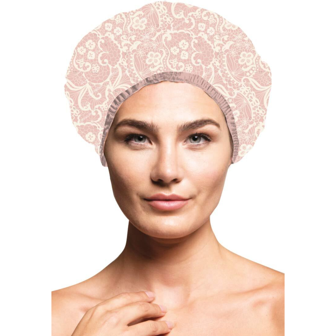 Reusable Nylon Shower Cap & Bath Cap  Reversible Oversized Waterproof Shower Caps Large Designed For All Hair Lengths W Terry Lining & Elastic Band Stretch Hem Hair Hat - Socialite Pretty In Pink Lace