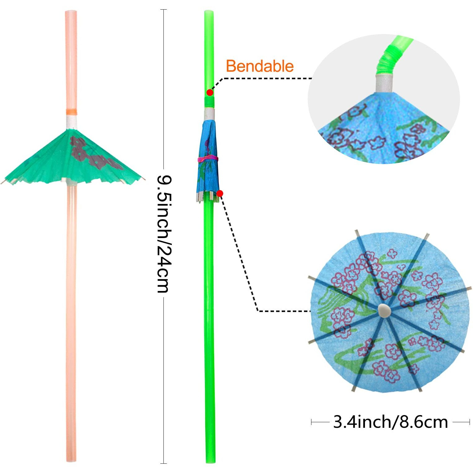 Blue Top 100Pcs Umbrella Drink Straws 9.45 Inch Assorted Colors  Fancy Mini Paper Umbrella Drink For Cocktail Milkshake Juice Great For Valentine's Day Beach Party Hawaiian Party Luau Party Bar