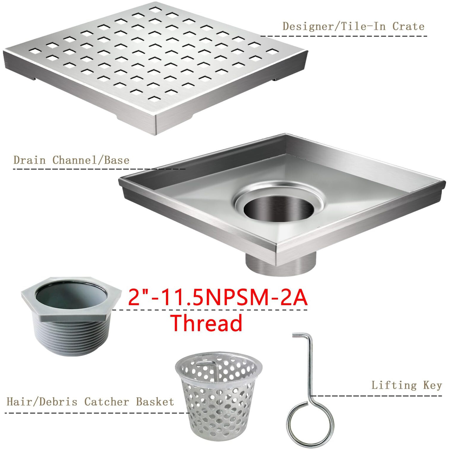 Square Shower Drain Kit-6 Stainless Steel Bathroom Floor Drain Set (Cupc Certified) Equipped With Removable Quadrato Pattern Grate Hair Filters Threaded Joint With Rubber Seal And Lifting Hook