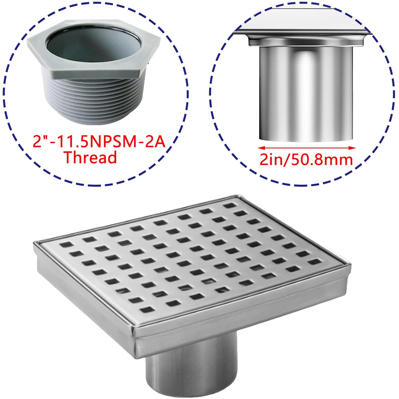 Square Shower Drain Kit-6 Stainless Steel Bathroom Floor Drain Set (Cupc Certified) Equipped With Removable Quadrato Pattern Grate Hair Filters Threaded Joint With Rubber Seal And Lifting Hook