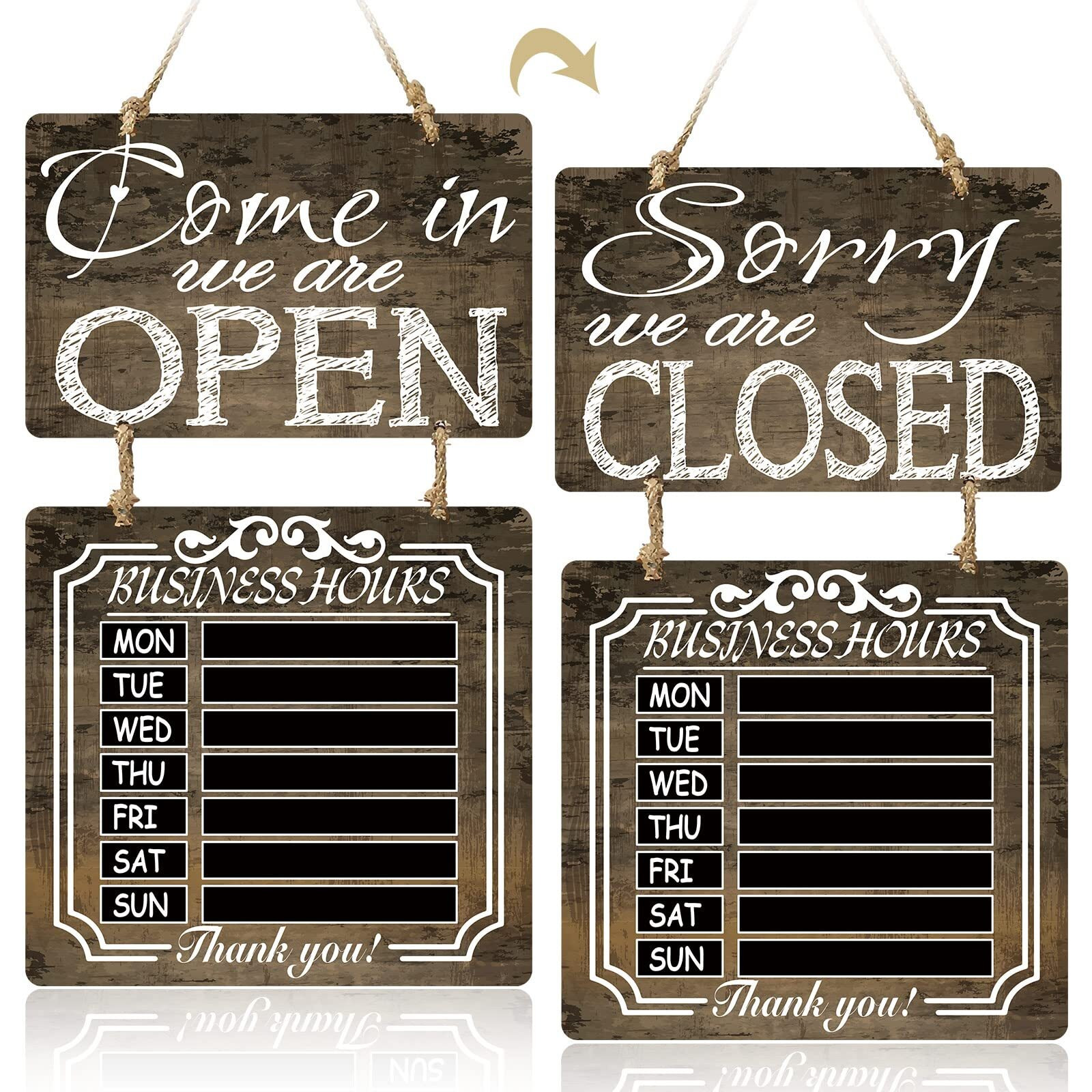 Business Hours Sign Open And Closed Sign Rustic Hanging Chalkboard Welcome Chalk Boards Business Hours Sign Store Hours Sign For Restaurant Door Hotel (Brown)