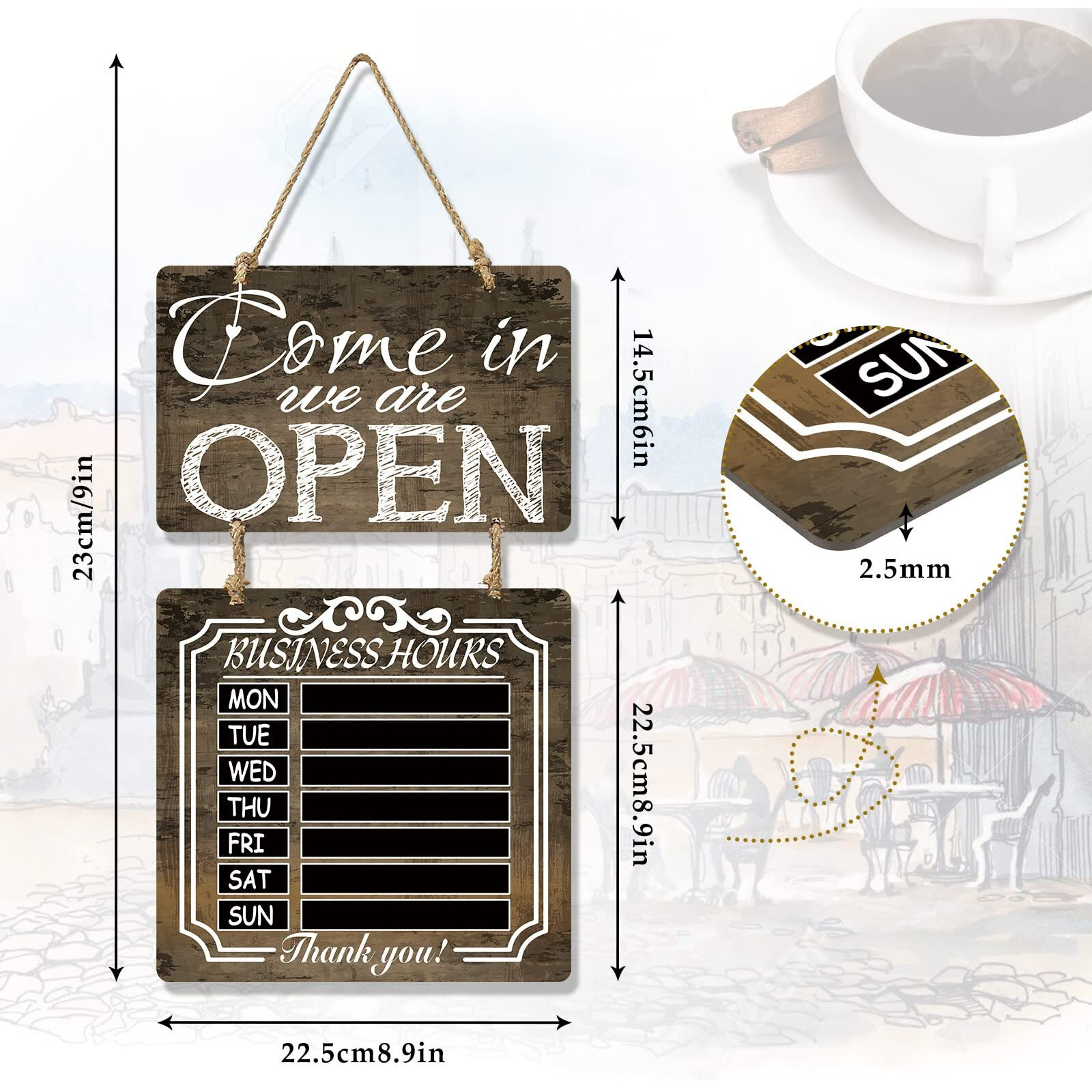 Business Hours Sign Open And Closed Sign Rustic Hanging Chalkboard Welcome Chalk Boards Business Hours Sign Store Hours Sign For Restaurant Door Hotel (Brown)