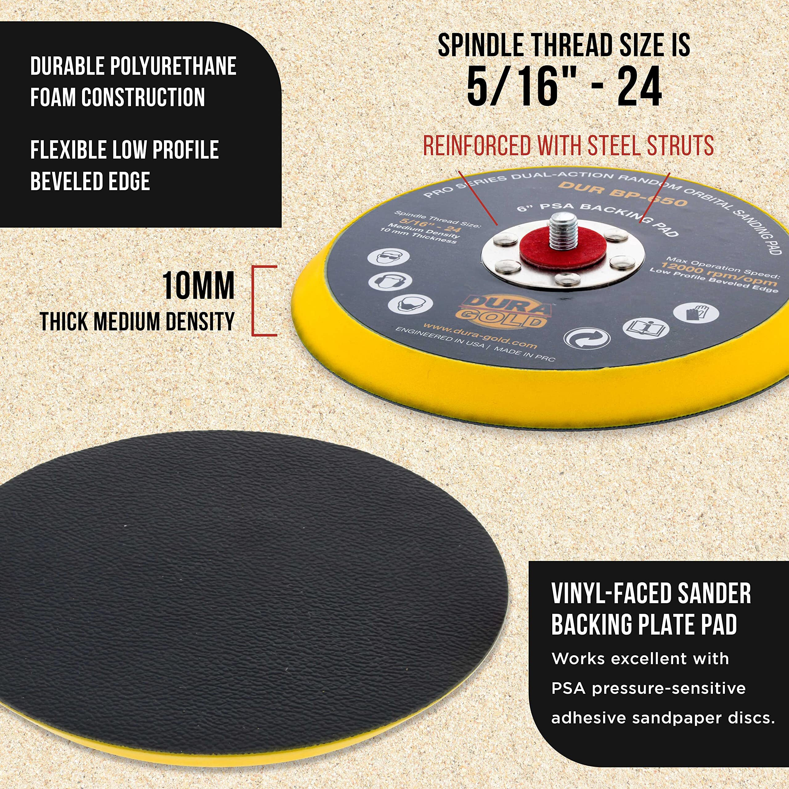 Dura-Gold Pro Series 6"" Psa Da Sander Backing Plate Pad - Flexible Low Profile Edge  Dual-Action Random Orbital Sanding Pad  Vinyl Faced For Self-Adhesive Stickyback Sandpaper Discs - Auto Woodworking