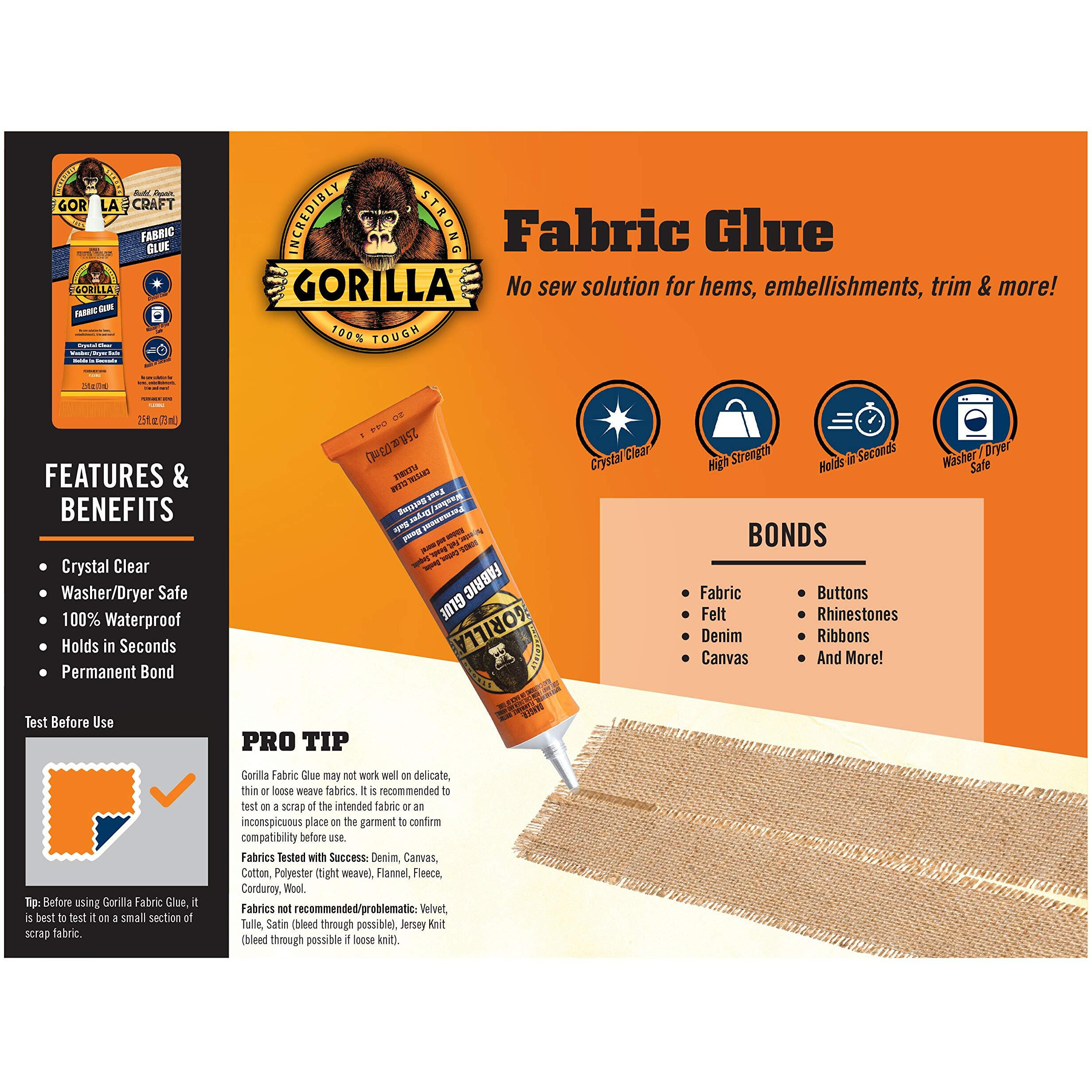Gorilla Waterproof Fabric Glue 2.5 Ounce Tube  Clear  (Pack Of 1)