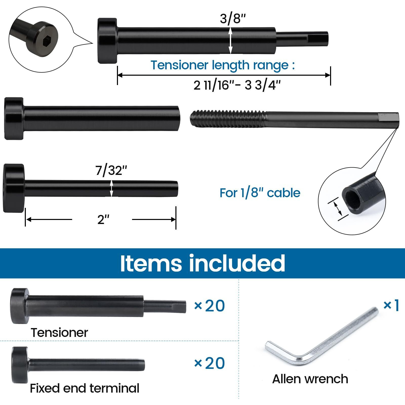 [Patent] Muzata 20Pair Black Invisible Cable Railing Kit 1/8"" Swage Tensioner And Terminal Hidden T316 Stainless Steel For 2"&quotX2"" And 4"&quotX4"" Wood Metal Post Deck Stairs Blackcool System Cr26  Cv1 Cv2