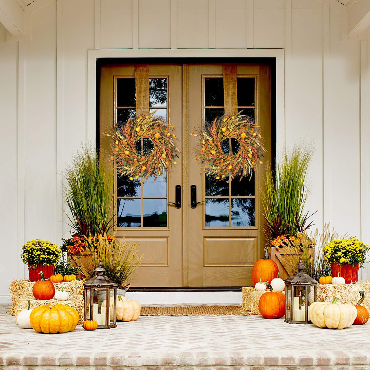 Dearhouse 22 Inch Fall Wreath Clearance Front Door Wreath Grain Wreath Harvest Gold Wheat Ears Circle Garland Autumn Wreath For Front Door Wedding Wall Home Thanksgiving Decor