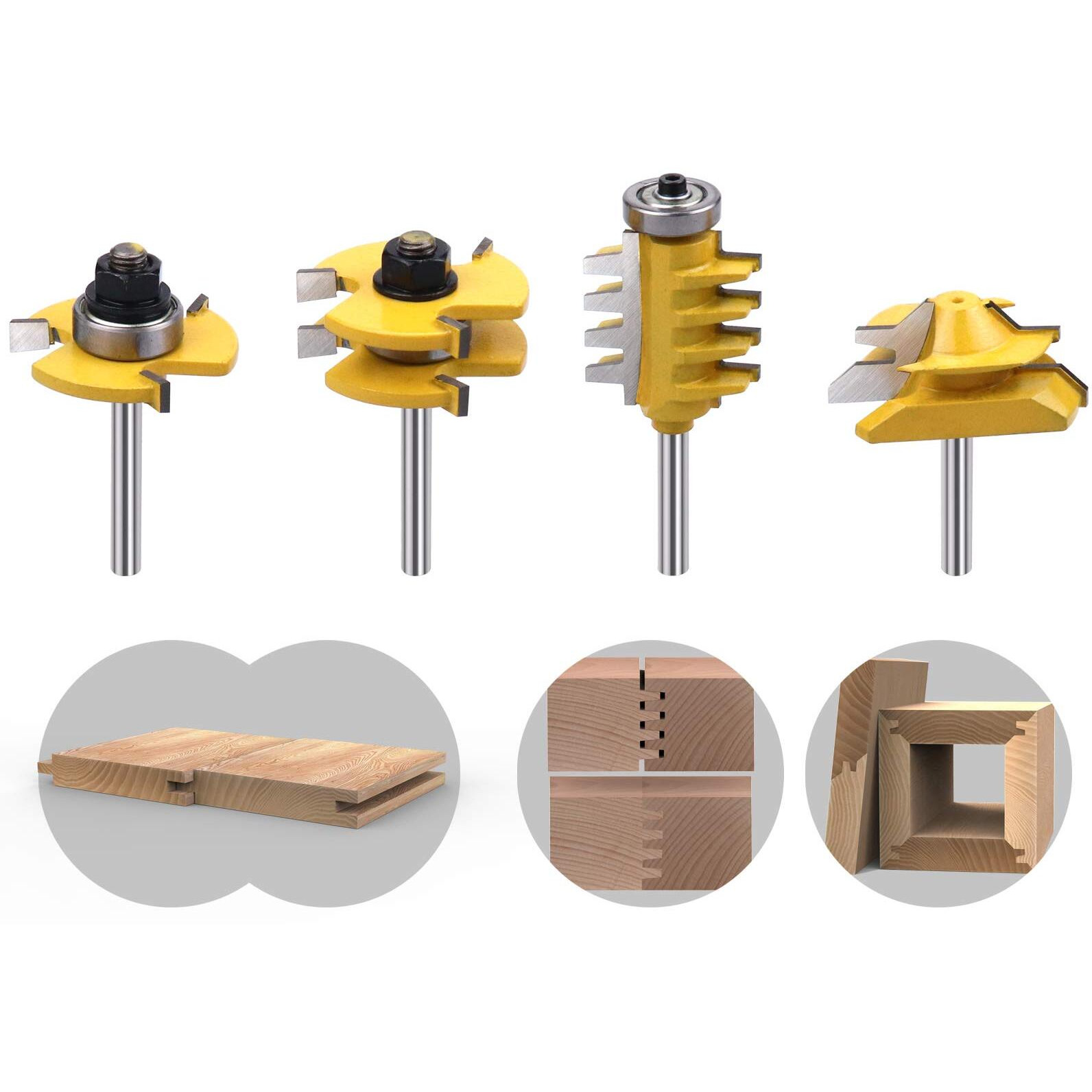 Roocbit 45 Degree Lock Miter Router Bit & T Shape Tongue And Groove Router Bit & Finger Joint Router Bit 1/4 Inch Shank Woodworking Milling Cutter Tool 4-Piece Set