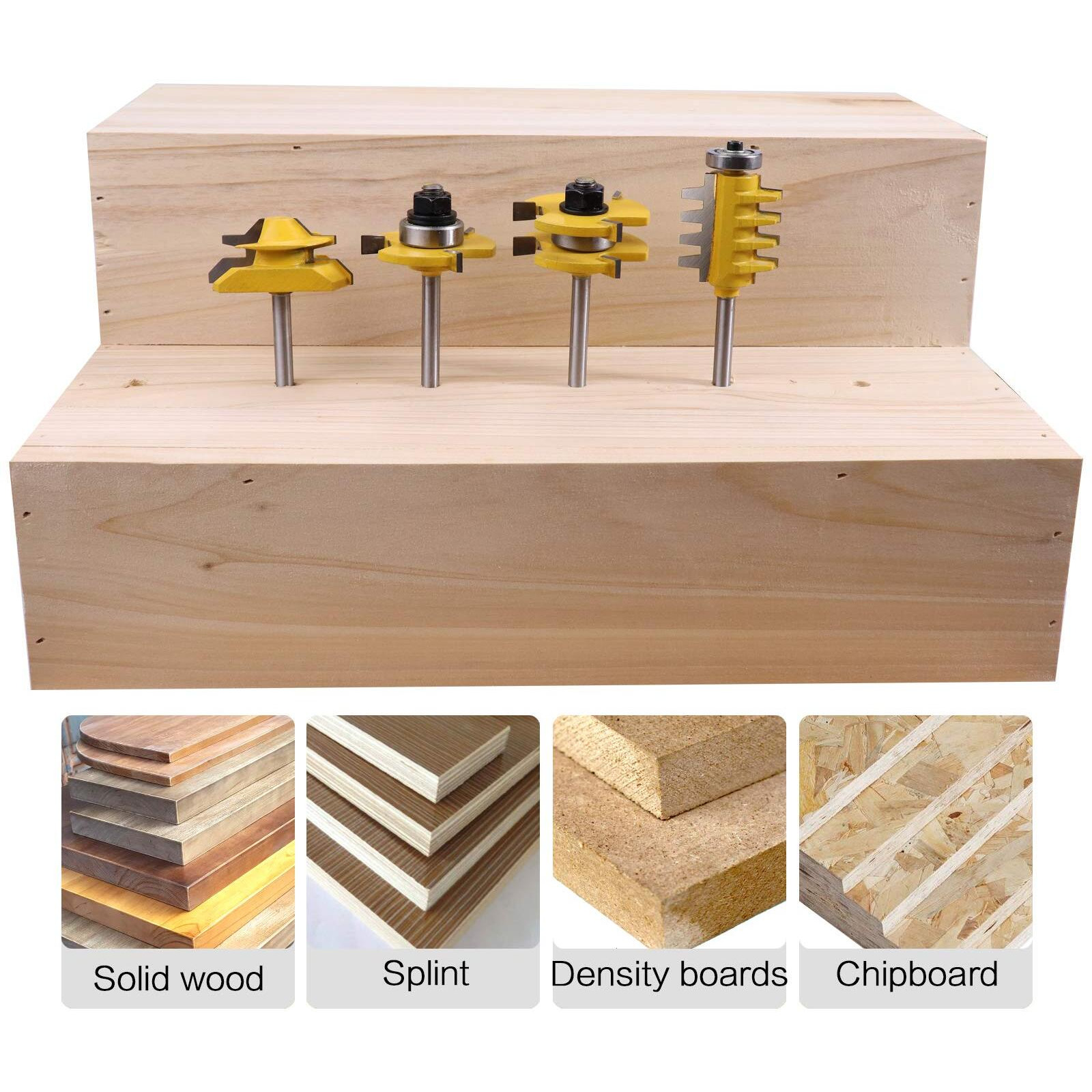 Roocbit 45 Degree Lock Miter Router Bit & T Shape Tongue And Groove Router Bit & Finger Joint Router Bit 1/4 Inch Shank Woodworking Milling Cutter Tool 4-Piece Set