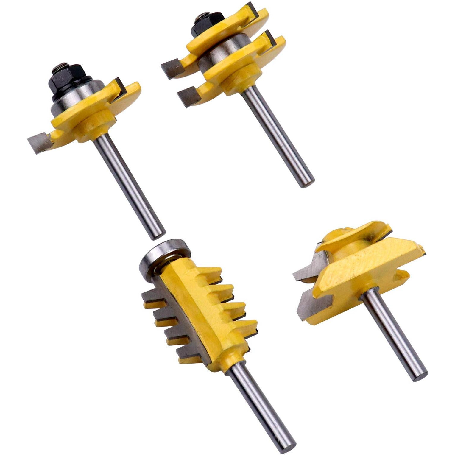 Roocbit 45 Degree Lock Miter Router Bit & T Shape Tongue And Groove Router Bit & Finger Joint Router Bit 1/4 Inch Shank Woodworking Milling Cutter Tool 4-Piece Set
