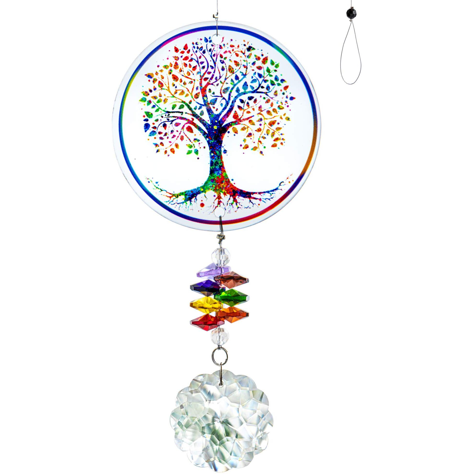 H&D Hyaline & Dora Chakra Tree Of Life Suncatcher Glass Art Hanging Ornament Handmade Crystal Mandala Prism Decor Window Car Wall Art Hanging Decor For Home Office