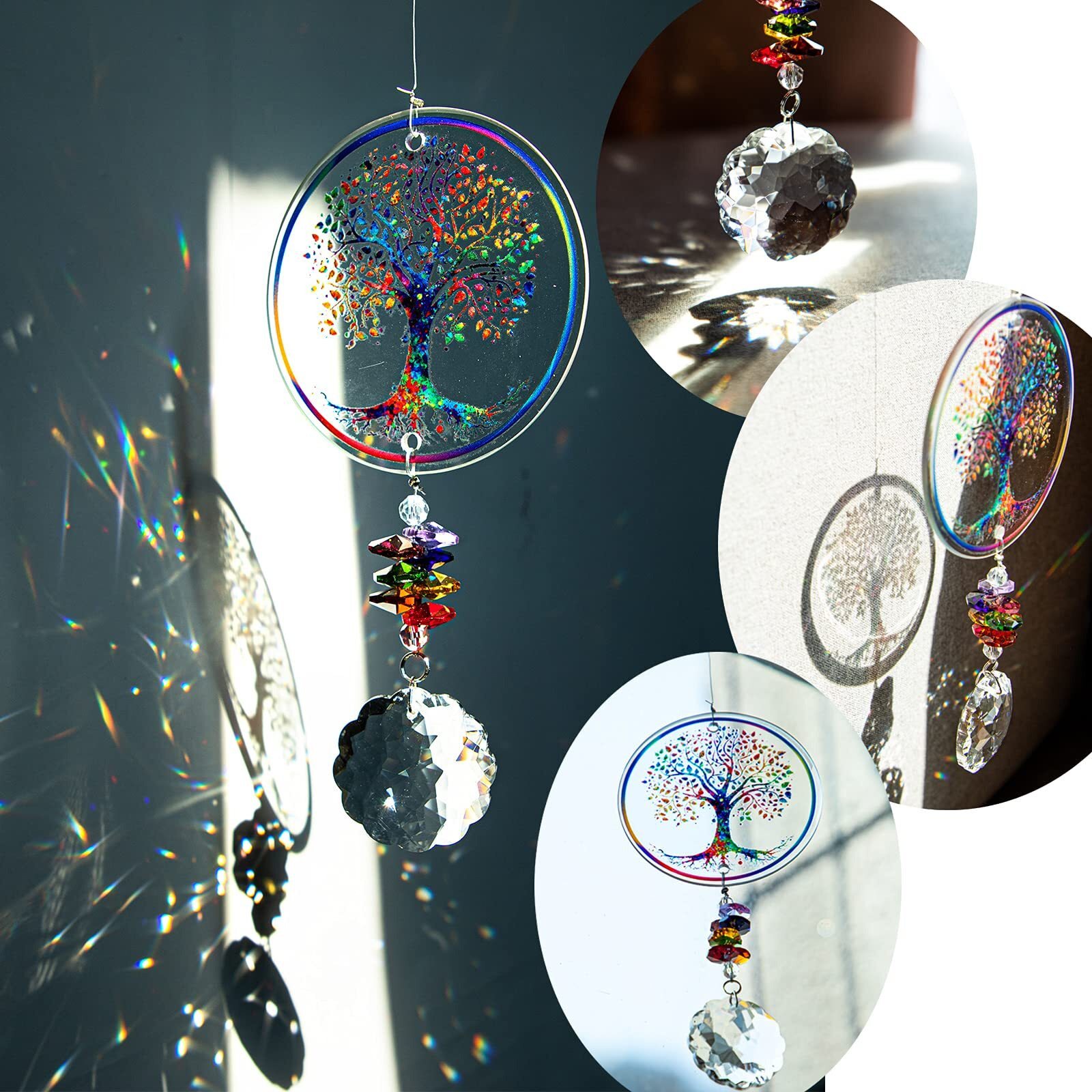 H&D Hyaline & Dora Chakra Tree Of Life Suncatcher Glass Art Hanging Ornament Handmade Crystal Mandala Prism Decor Window Car Wall Art Hanging Decor For Home Office
