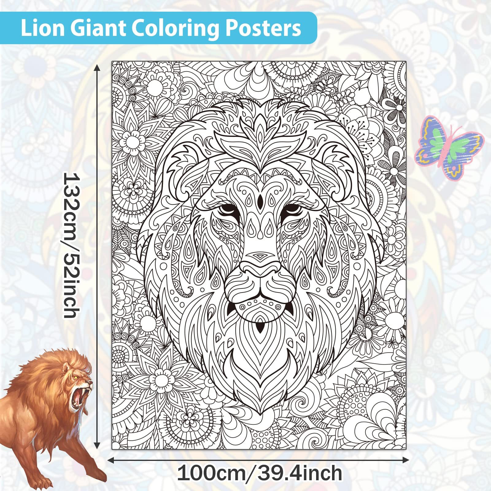 Zoiiwa Lion Giant Coloring Posters For Kids Adults Lion Coloring Poster 39.3751.96 Inch Mandala Coloring Posters Wall Art Decor Blank Banner For School Group Family Art Craft Activities Decoration
