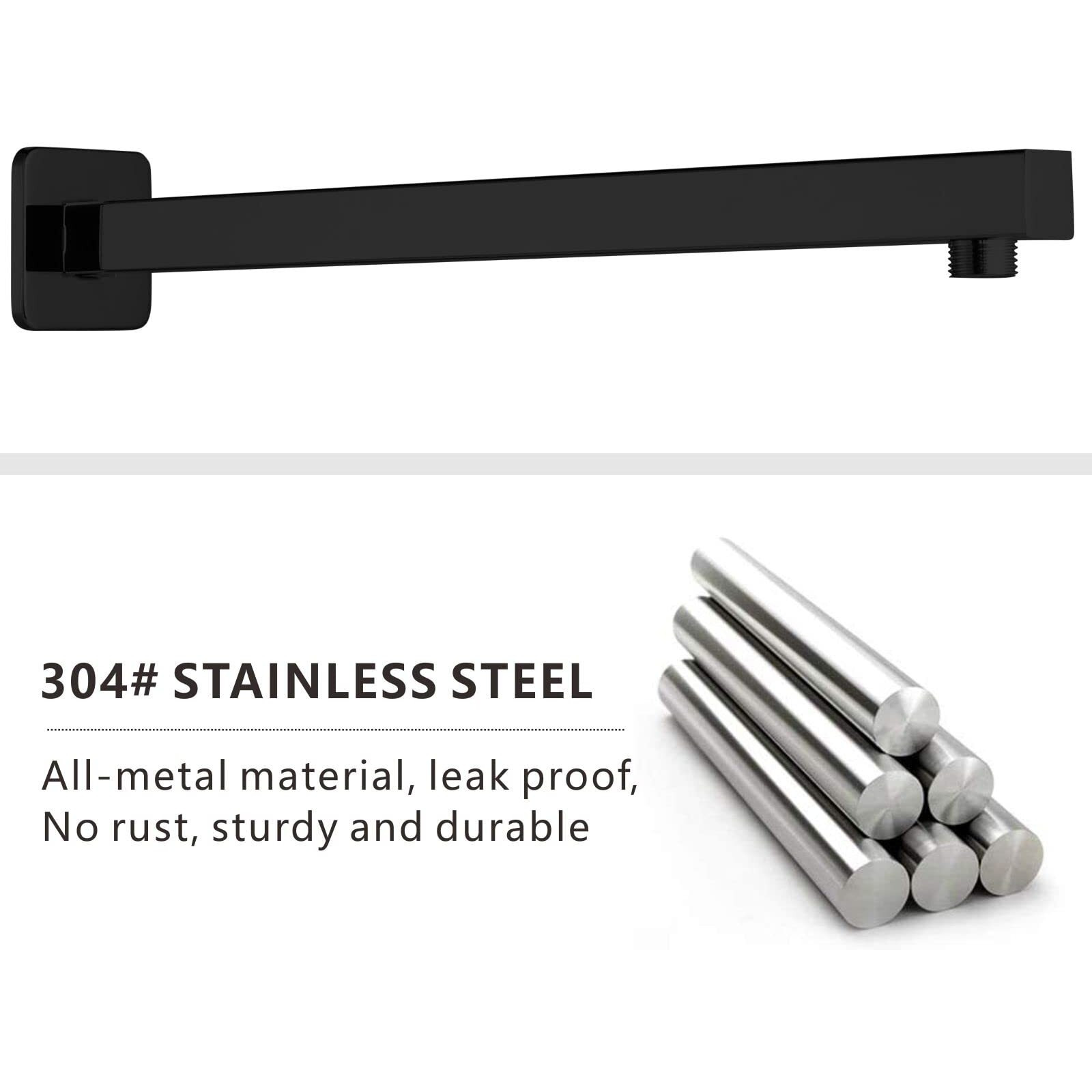 Voolan 20 Square Shower Arm With Flange And Teflon Tape  Extension Shower Head Arm For Bathroom Fixed Shower Head  Solid Stainless Steel  Wall Mounted (Black)