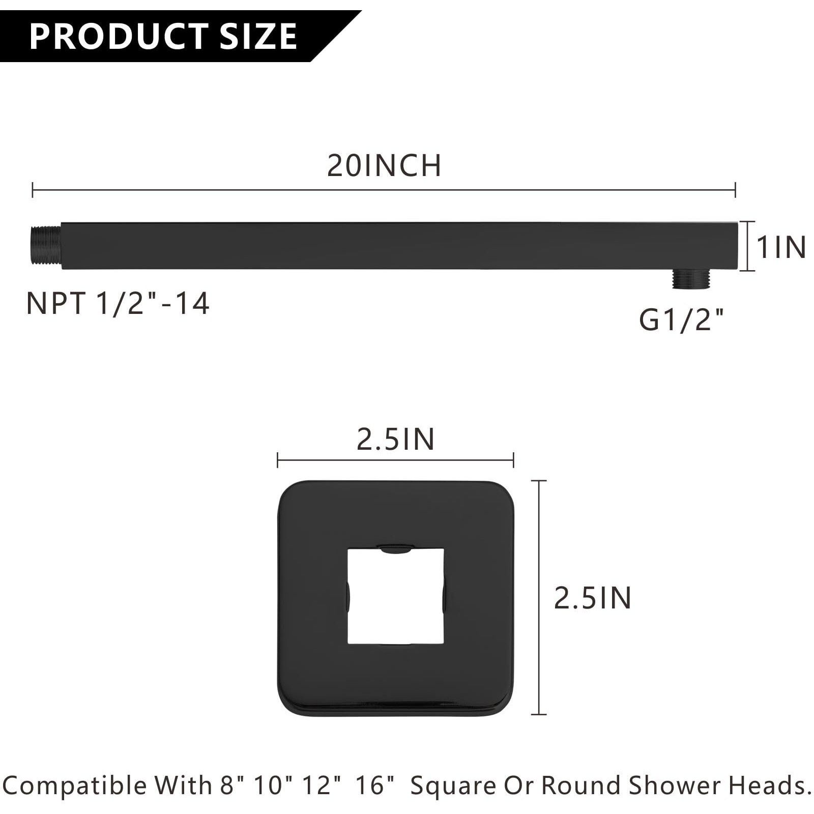 Voolan 20 Square Shower Arm With Flange And Teflon Tape  Extension Shower Head Arm For Bathroom Fixed Shower Head  Solid Stainless Steel  Wall Mounted (Black)