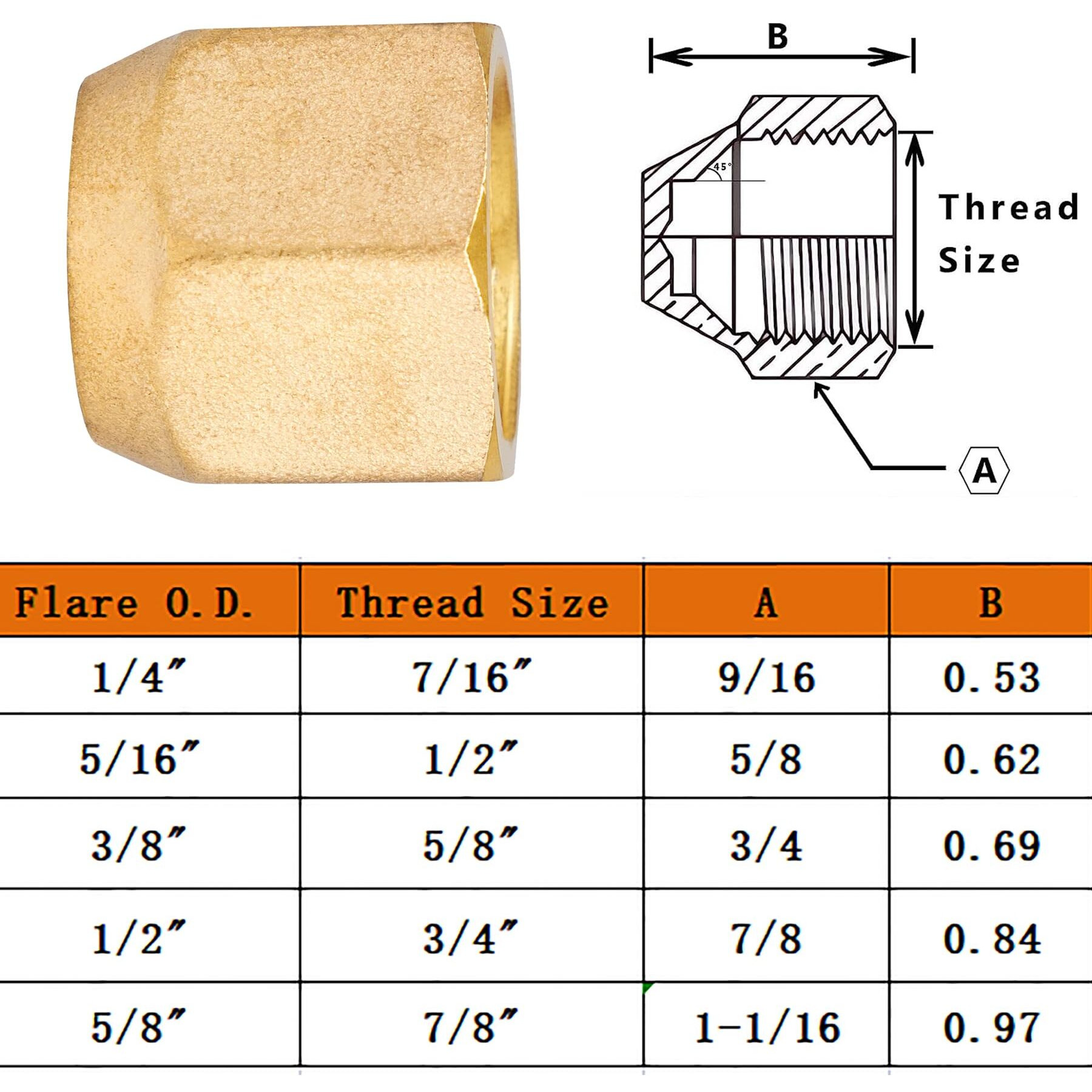 Breezliy Brass Flare Cap Assortment Kits  Sae 45 Degree Flared Tube Fitting For 1/4"" 5/16"" 3/8"" 1/2"" 5/8"" Tube Od 5 Sizes Set