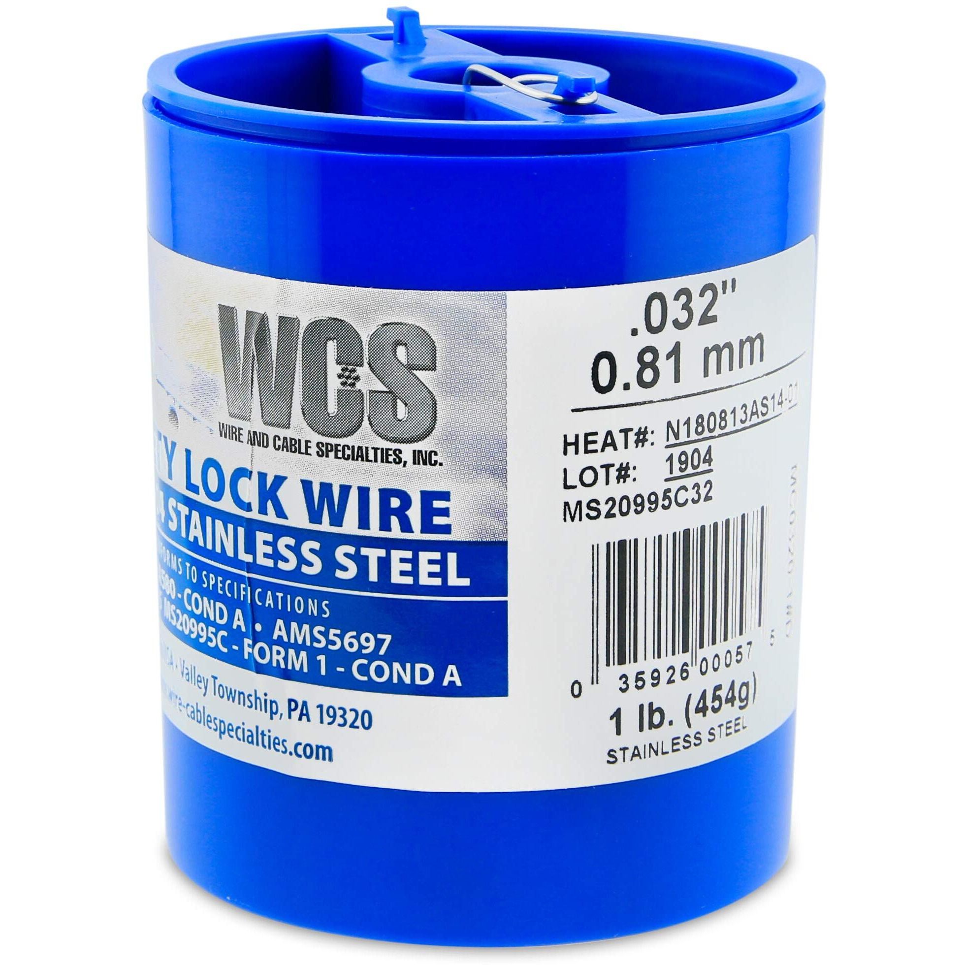 Lock Wire  T302/304 Stainless  Nasm20995  Ms20995C  Astm A580 Cond A  Ams5697  032 In (0.81 Mm)  1 Lb (0.45 Kg) Dispenser Can  Approx. 362 Ft (110 M)