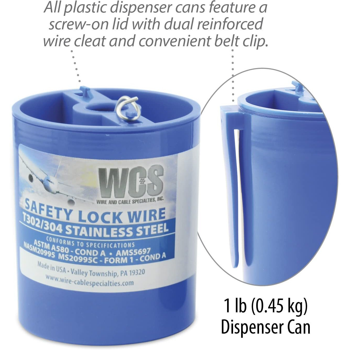 Lock Wire  T302/304 Stainless  Nasm20995  Ms20995C  Astm A580 Cond A  Ams5697  032 In (0.81 Mm)  1 Lb (0.45 Kg) Dispenser Can  Approx. 362 Ft (110 M)