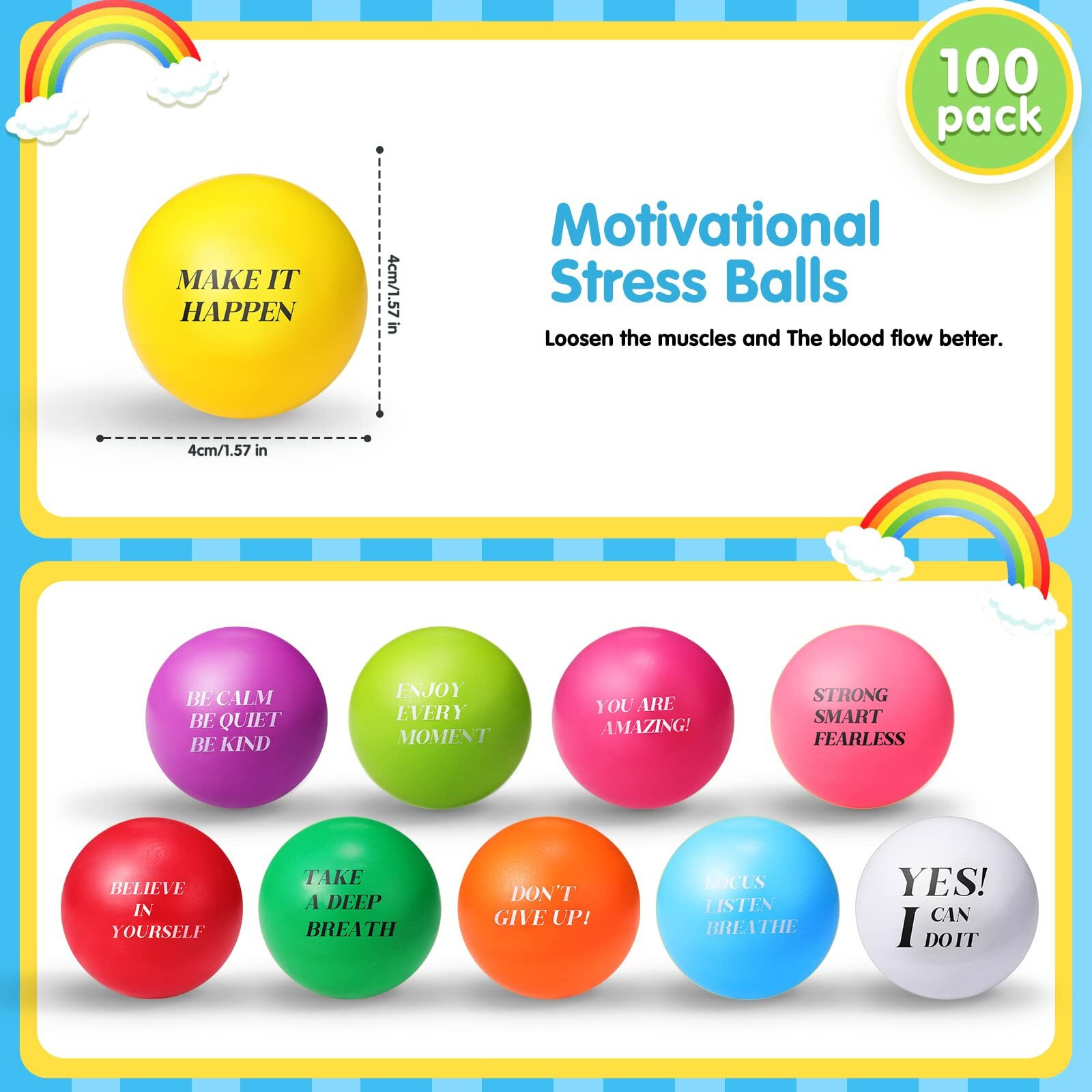 100 Pieces Motivational Stress Balls Colorful Foam Balls Inspirational Stress Relief Balls Quotes Stress Ball Pack Small Anxiety Balls For Relief Encouraging (Motivational  Bright Colors)