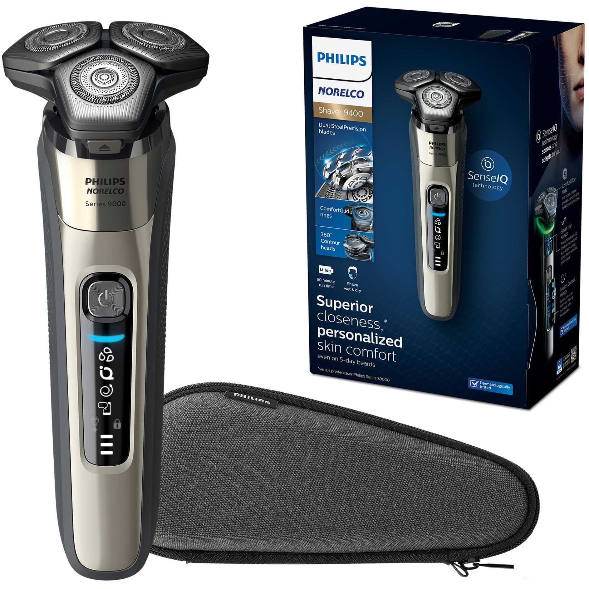 Philips Norelco 9400 Rechargeable Wet/Dry Electric Shaver With Senseiq And Comfort Glide Ring Technology  Silver  S9502/83