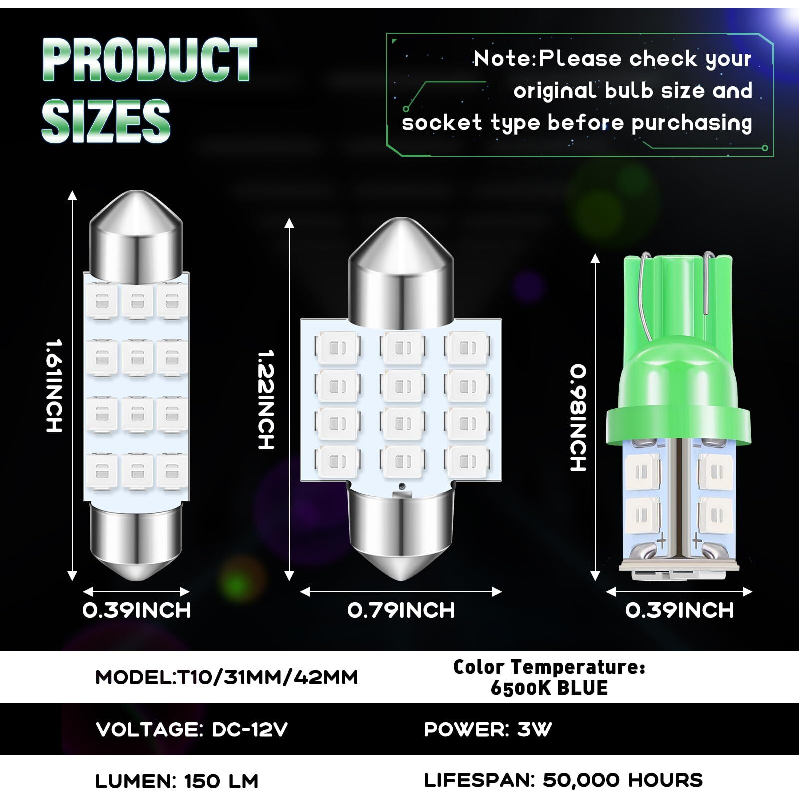 Tallew 24 Pieces Dome Light Led Car Bulb Kit Set T10 31 Mm 42 Mm Led Festoon Bulbs Interior Replacement For Car Map Door Courtesy(Green)