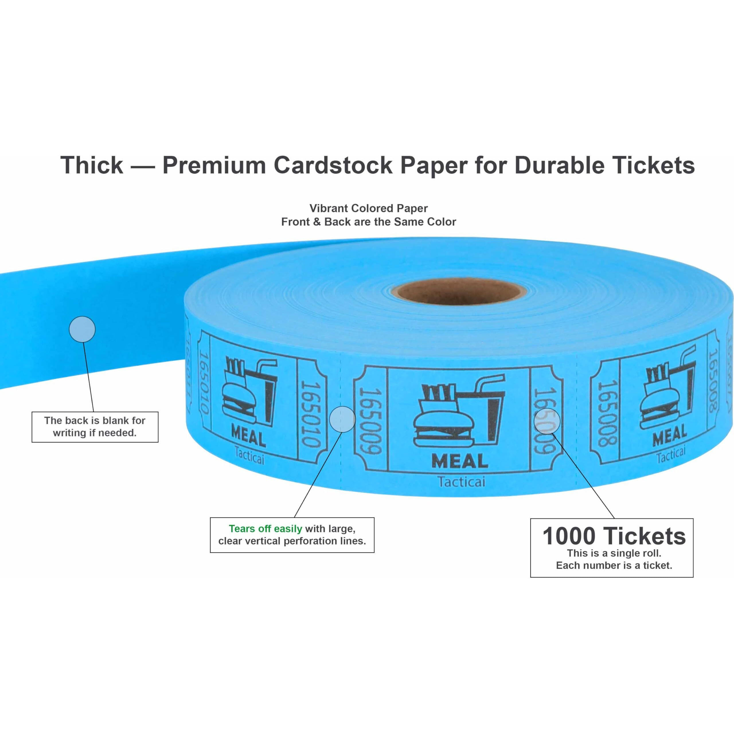 Tacticai 1000 Raffle Tickets  Meal  Blue (8 Color Selection)  Single Roll  Ticket For Events  Food  Class Reward  Fundraiser & Prizes